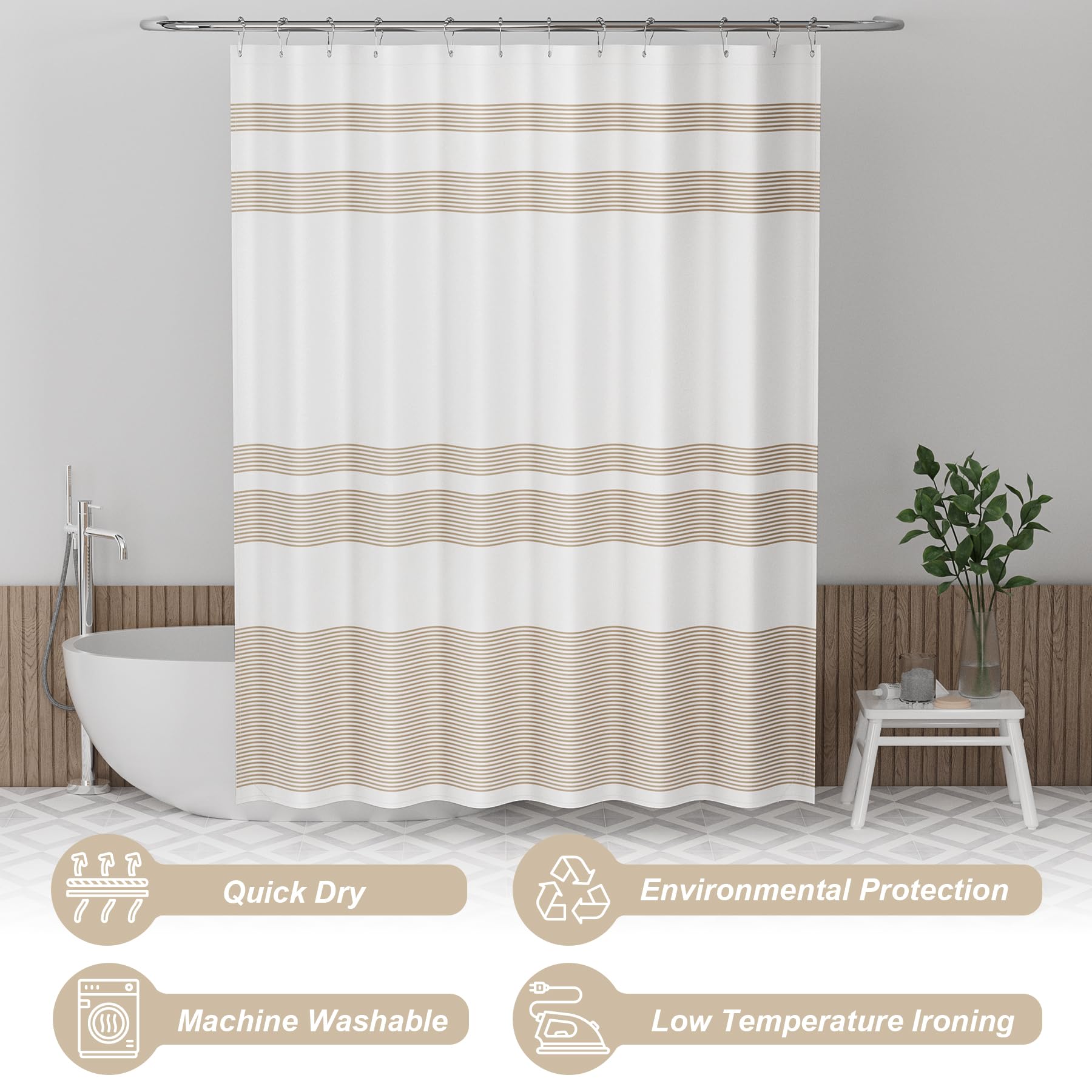 Amazerbath Neutral Shower Curtain, 72X72 Washable Cloth Light Tan Shower Curtain With 12 Shower Curtain Hooks, Fabric Khaki And