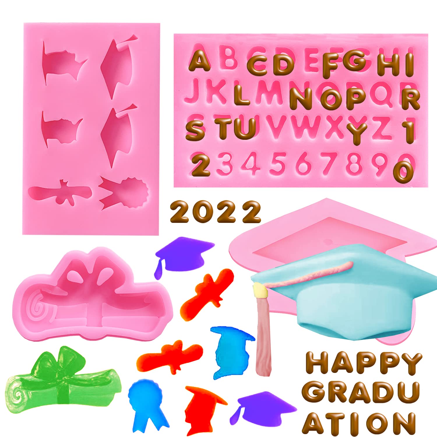 Doumeny 4Pcs Graduation Silicone Mold Set, Graduation Cap Baking Mold Diploma Graduate Fondant Mold Certificate Candy Mold Docto