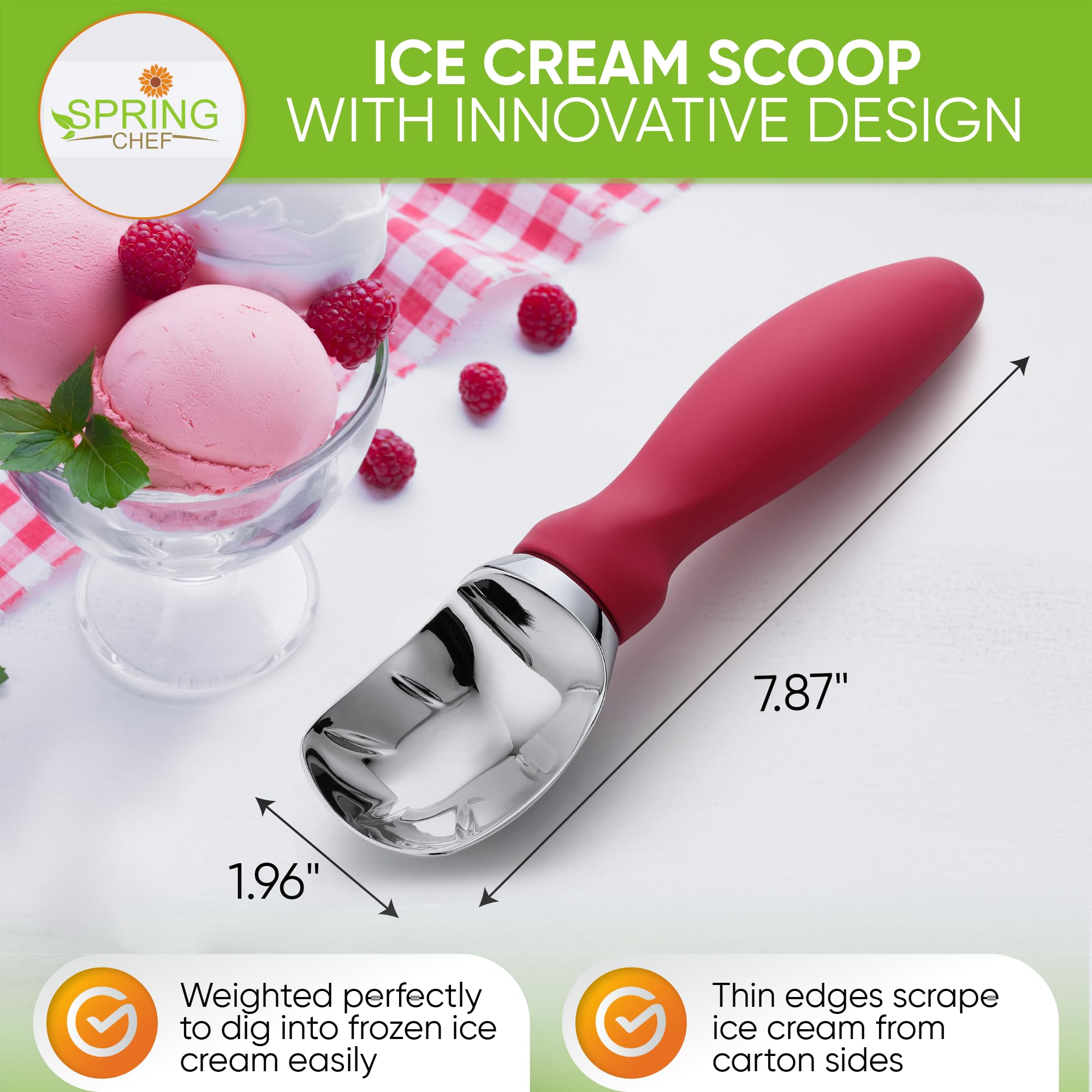 Spring Chef Pink Heavy Duty Ice Cream Scoop With Soft Grip Handle, Professional Ice Cream Scooper, Metal Ice Cream Spoon For Coo