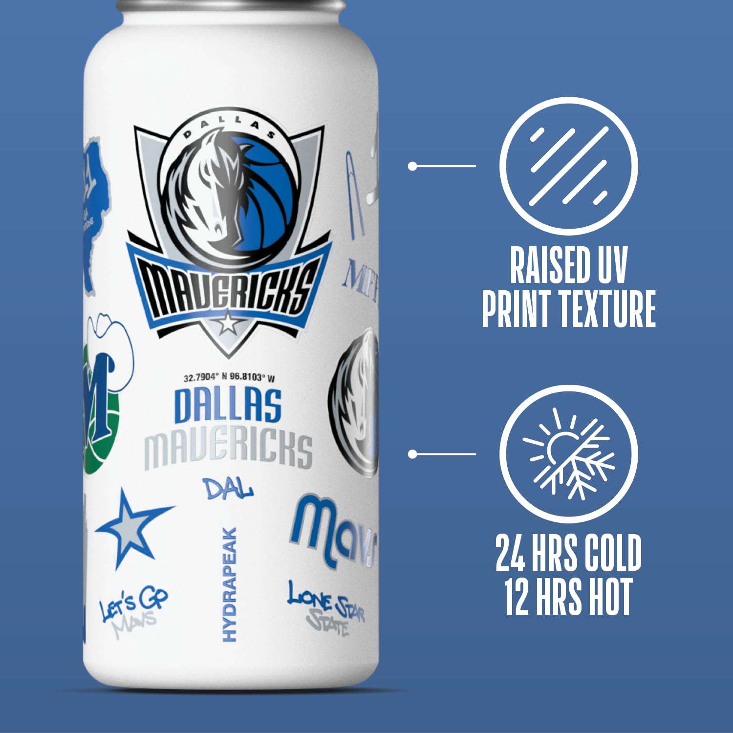 Hydrapeak x NBA Officially Licensed Dallas Mavericks 32 oz Active Water Bottle with Chug Lid Reusable Stainless Steel Double Wal