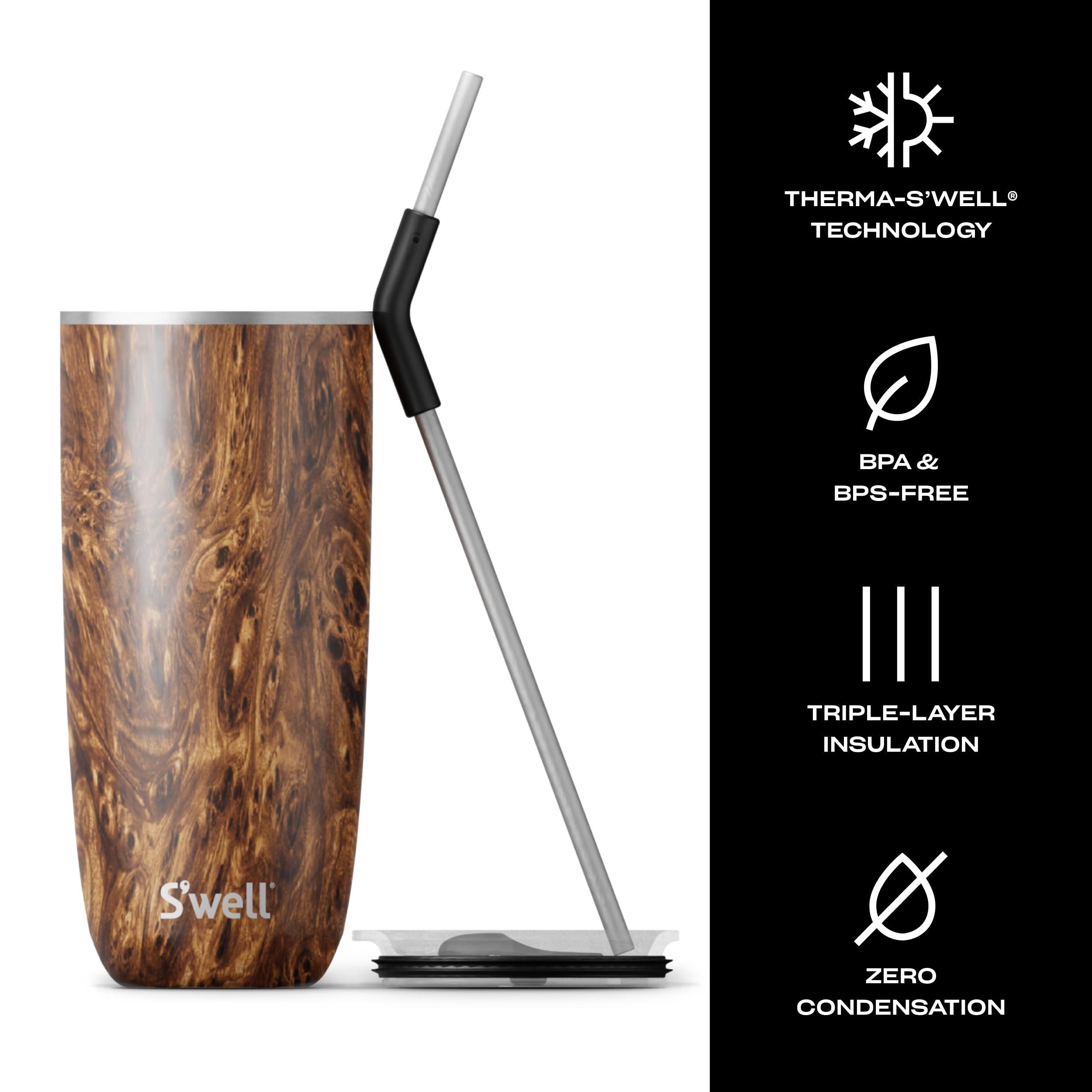 S'Well Stainless Steel Tumbler With Straw And Slide-Open Lid, 24Oz, Teakwood, Triple Layered Vacuum Insulated Containers Keeps D