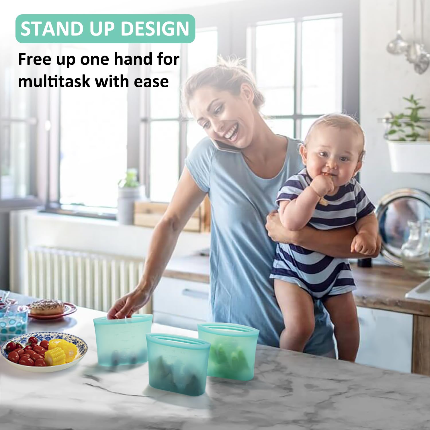 Annaklin Reusable Snack Bags, 4 Pack, Stand Up 100% Silicone Reusable Storage Bag, Ziplock Silicone Food Storage Containers Snac