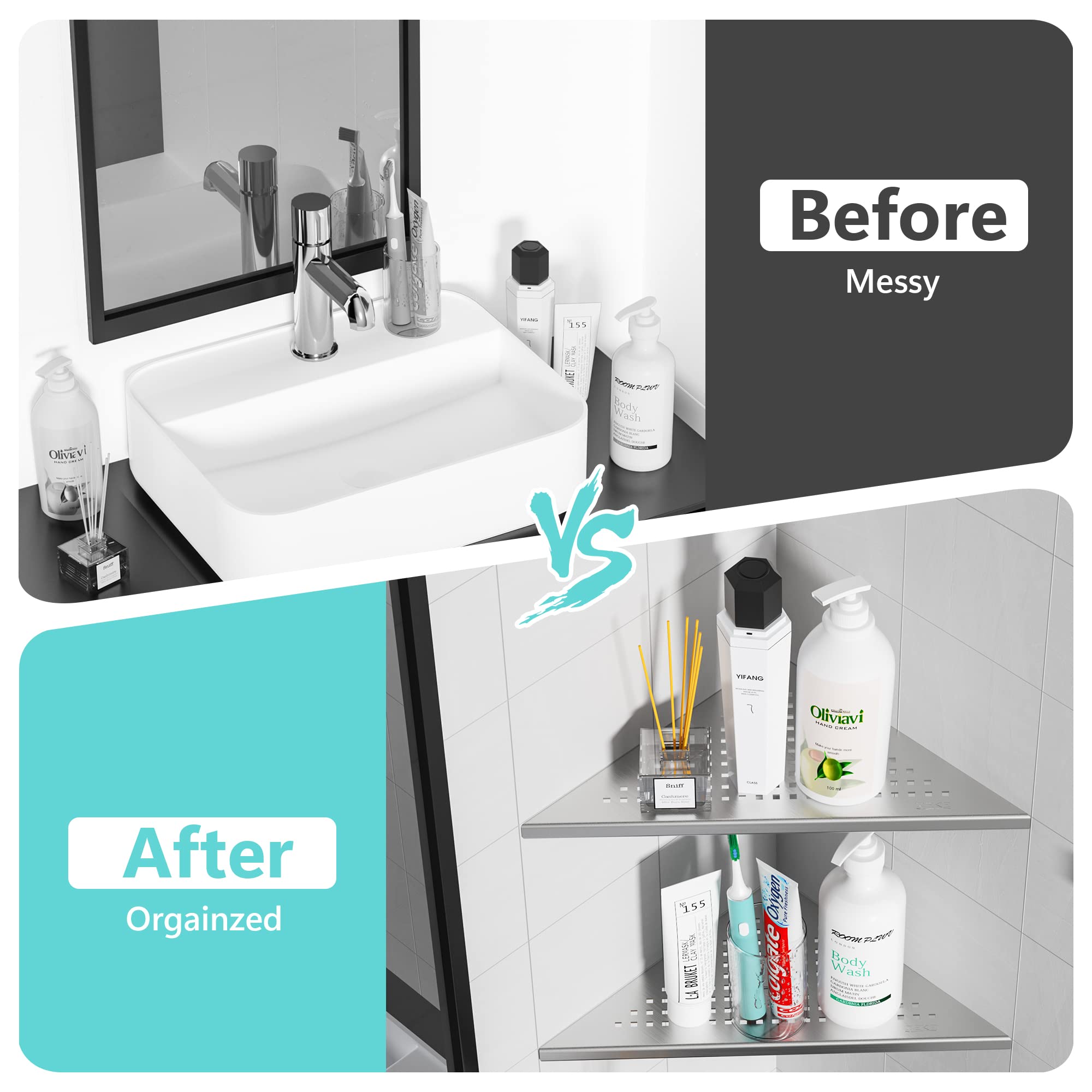 Qeke 2 Pack Bathroom Corner Shelf, Recessed 12'' Shower Shelf Caddy, Sus304 Stainless Steel Shelf Wall Mount Triangular, No Dril