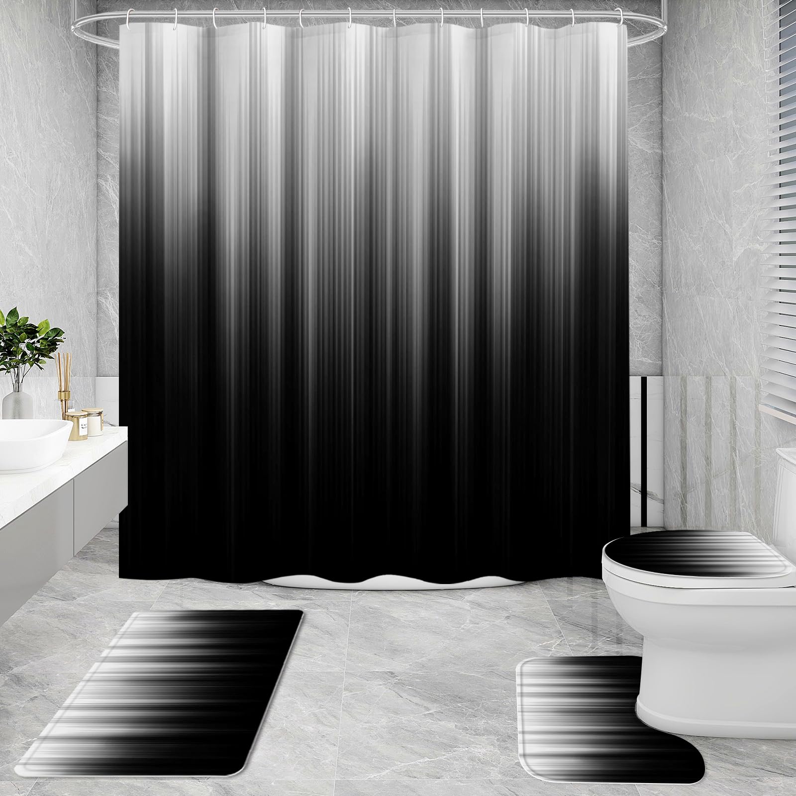 Litabel 4 Pcs Grey And Black Gradient Shower Curtain Set With Rugs And Toilet Lid Cover, Modern Simple Waterproof Fabric Bathroo