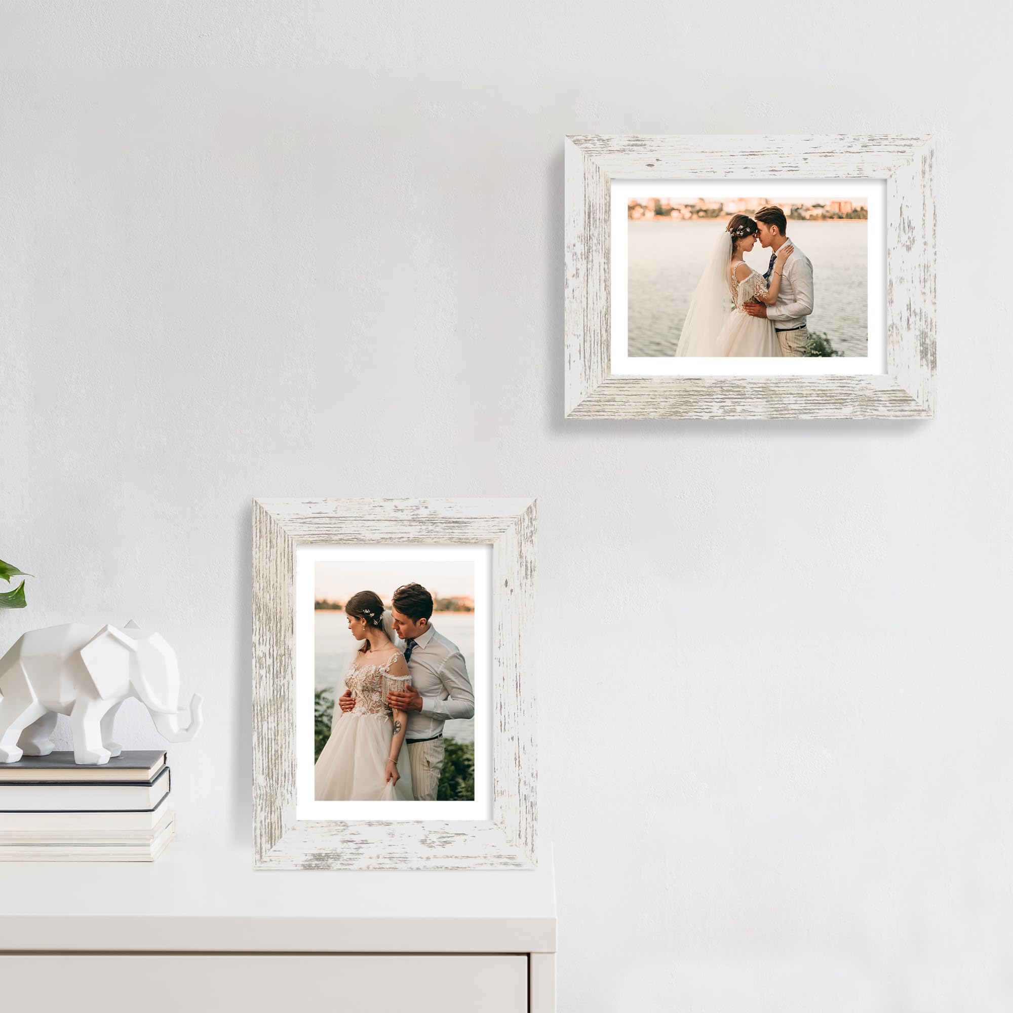 iRahmen 5x7 Picture Frame Set of 2 with HD Glass, Distressed White Wood Photo Frames Display 4x6 Picture with Mat or 5 x 7 Witho