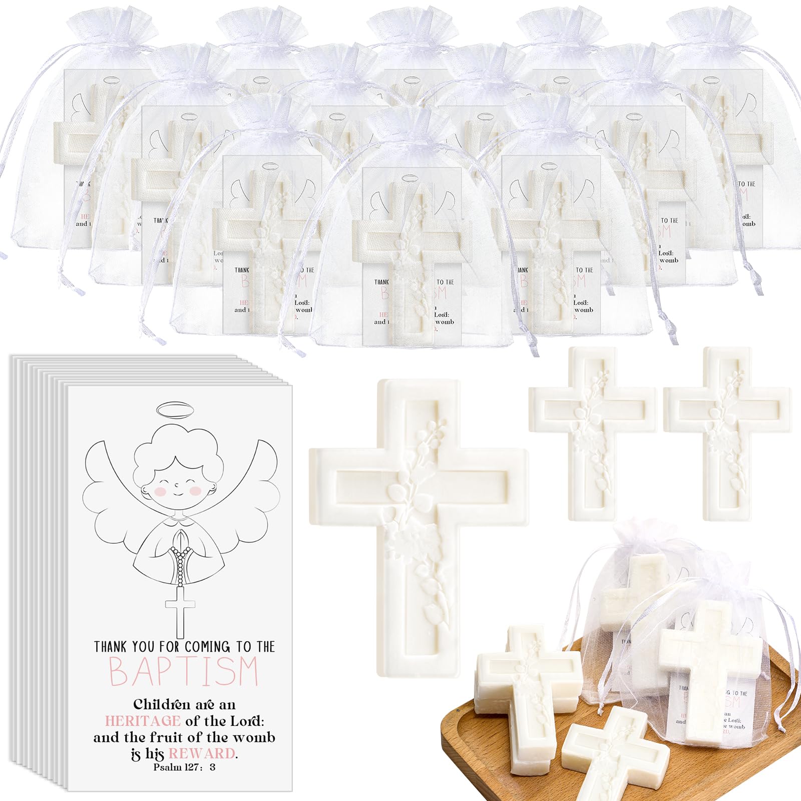 Swiffen Baptism Favors for Guests Cross Soap Baby Shower Scented Soap Favors with Greeting Cards Organza Bag Christening Communi