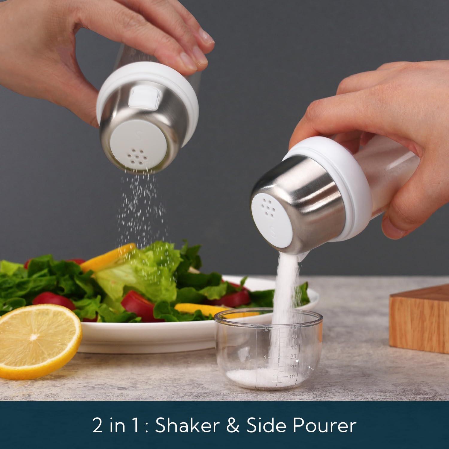 Ktchendao 2 In 1 Glass Salt Shaker With Side Pour Spout, Built-In Lid To Slow Down Dampness With Mearsuring Marks, Elegant Boros