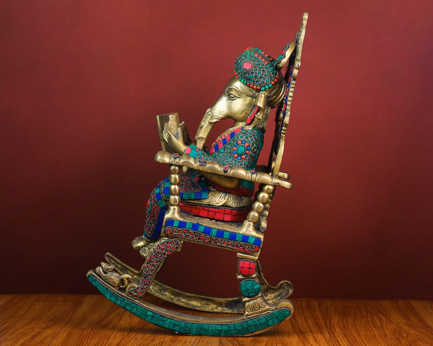 Shivaji Arts Brass Ganesha Statue On Rocking Chair, 16.5 Inch Big Large Ganesh Idol On Reading Book In Brass, Resting Ganesh Ido