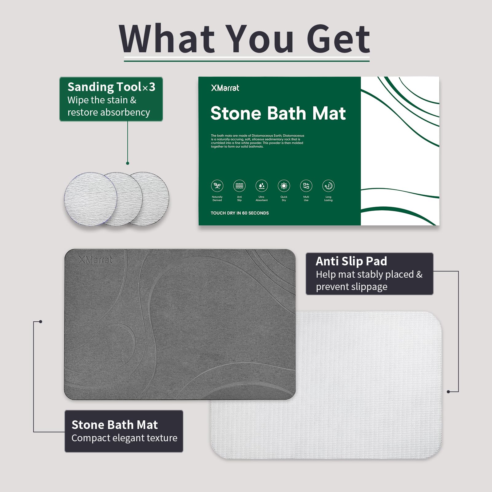 Xmarrat Stone Bath Mat, Diatomaceous Earth Bath Mat, Super Absorbent Quick Drying Stone Bath Mats For Bathroom, Non-Slip Bath St