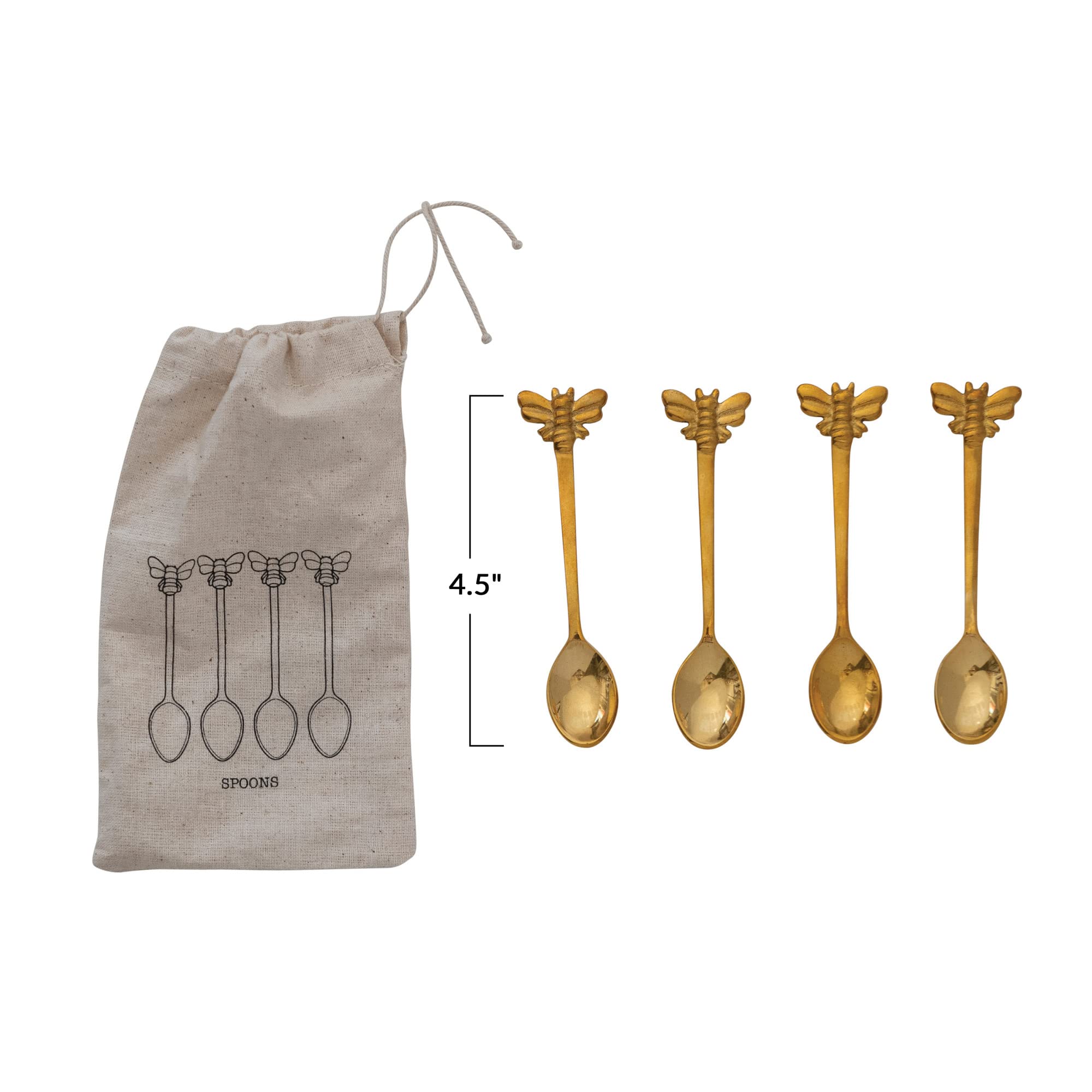 Creative Co-Op Farmhouse Brass Bee Handles In Drawstring Bag, Finish Spoon