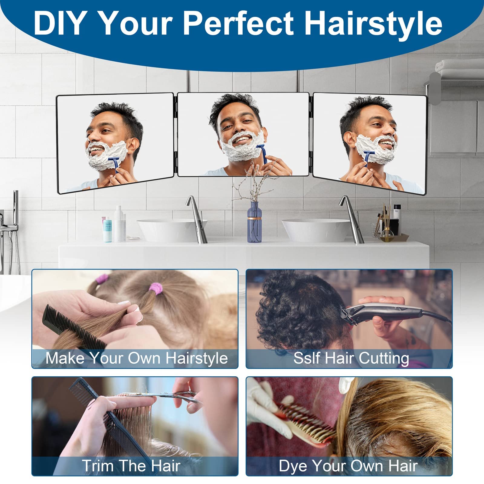 LMZNXCZ with LED Lights 3 Way Mirror for Self Hair Cutting 360 Haircuts Mirror Men for Barber Use Tools to See Back of Head Tri Fold Mirror with Portable Height Adjustable Telescoping Hooks