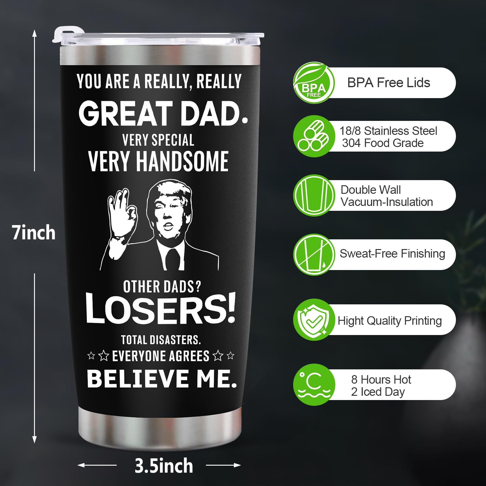 Ulrhpc Stocking Stuffers Gifts for Dad Tumbler - 20oz Stainless Steel Vacuum Tumbler w/Lids/Straws/Brush Funny Birthday Gifts fo