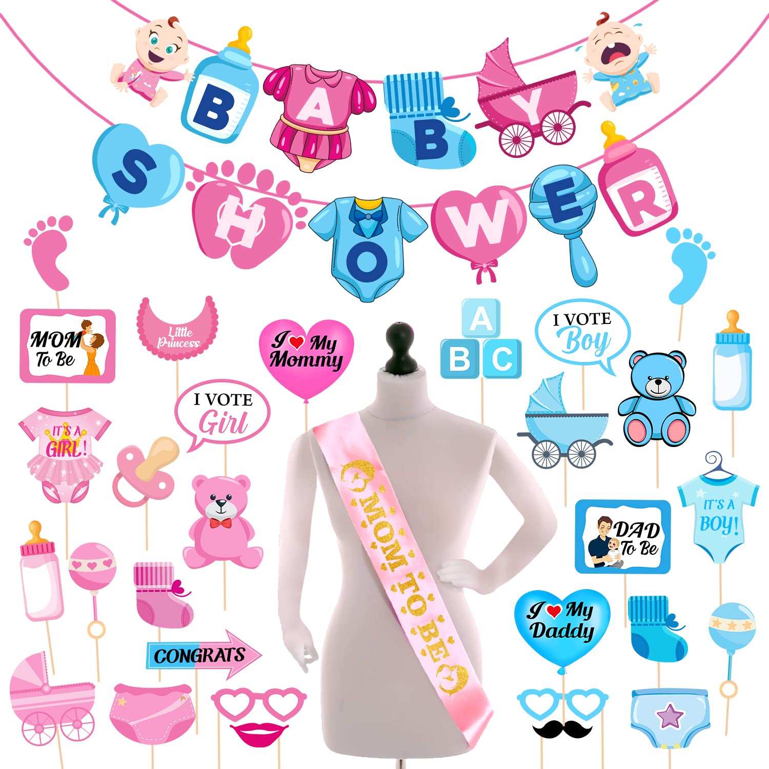 Zyozique Babyy Showerr Decorations Props,Baby Showerr Partyy Supplies Included Babyy Showerr Letter Paper Banner , Sash and Phot