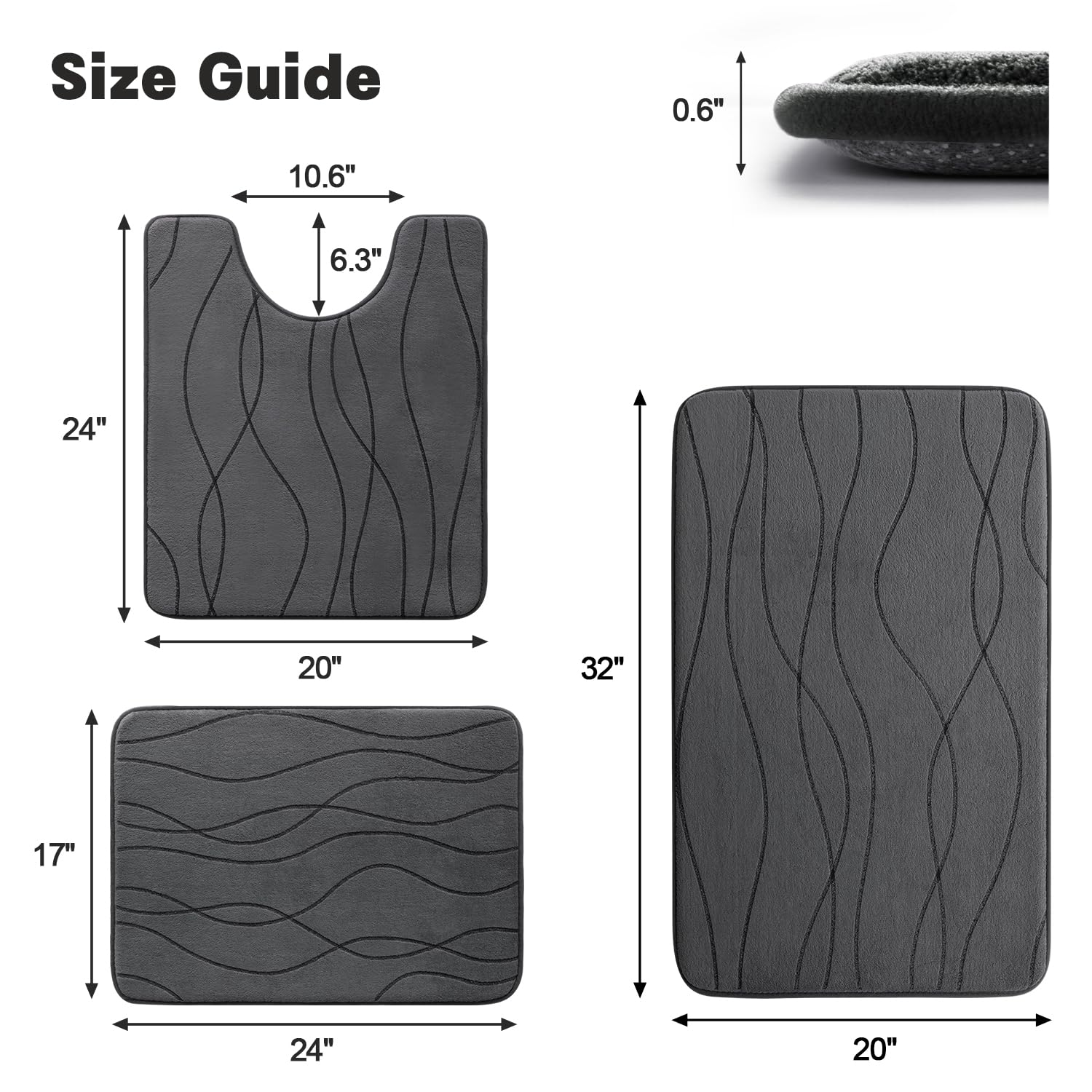 Yihouse Memory Foam Bathroom Rug Set, 3 Pieces - Dark Grey (Ultra Soft, Absorbent, Non-Slip, Machine Washable)