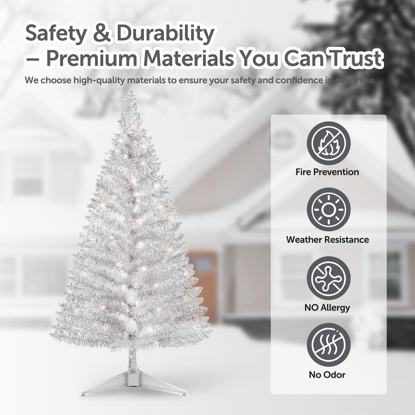 Santanelo 4ft Lighted Silver Artificial Christmas Tree with Lights,Snowy Artificial Xmas Tree, Not Pre-lit Small Xmas Pine Tree