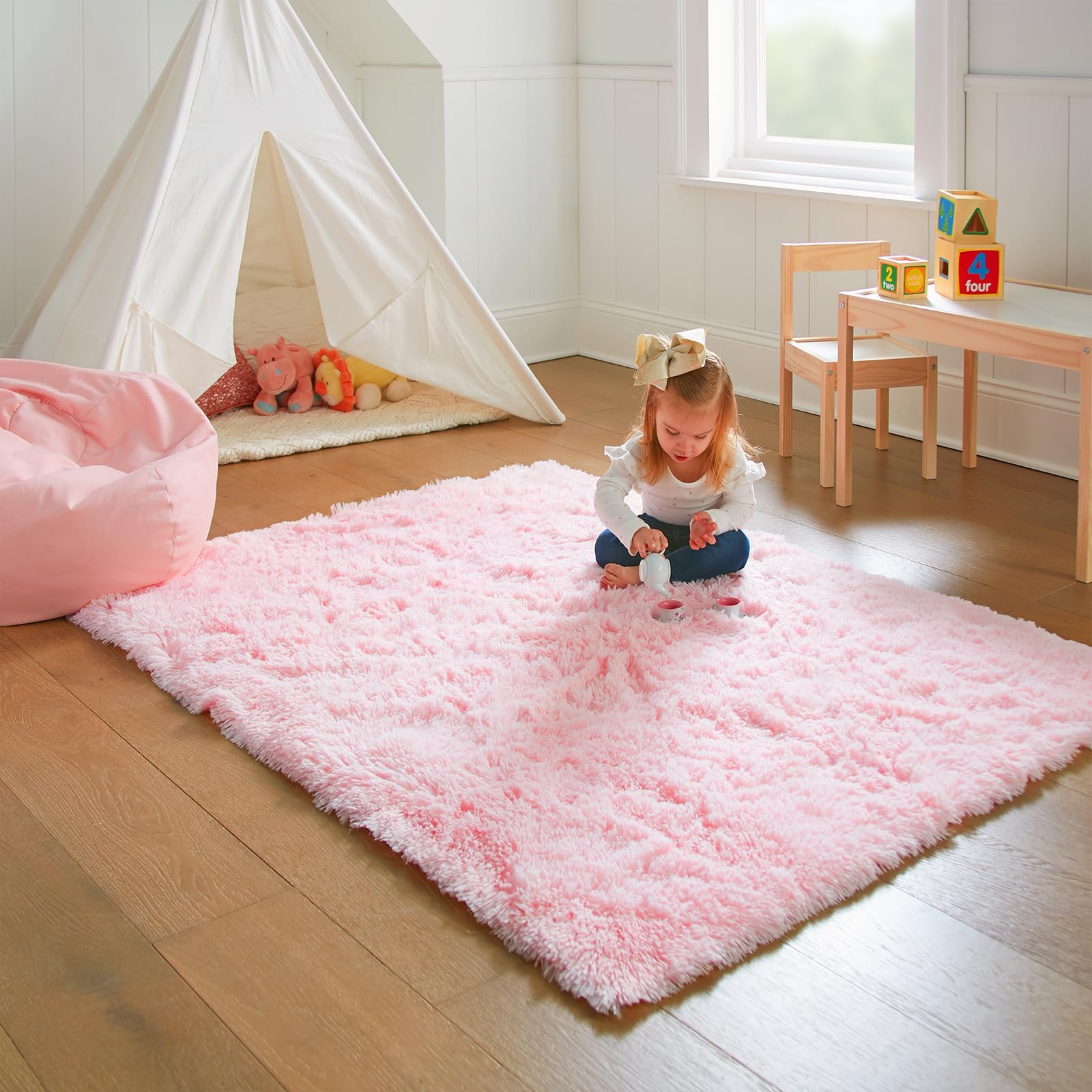 Ophanie 3x5 Pink Rug, Bedside Preppy Dorm Area Rug, College Essentials Non Slip Small Carpets for Bedroom, Anti Slip Fluffy Livi