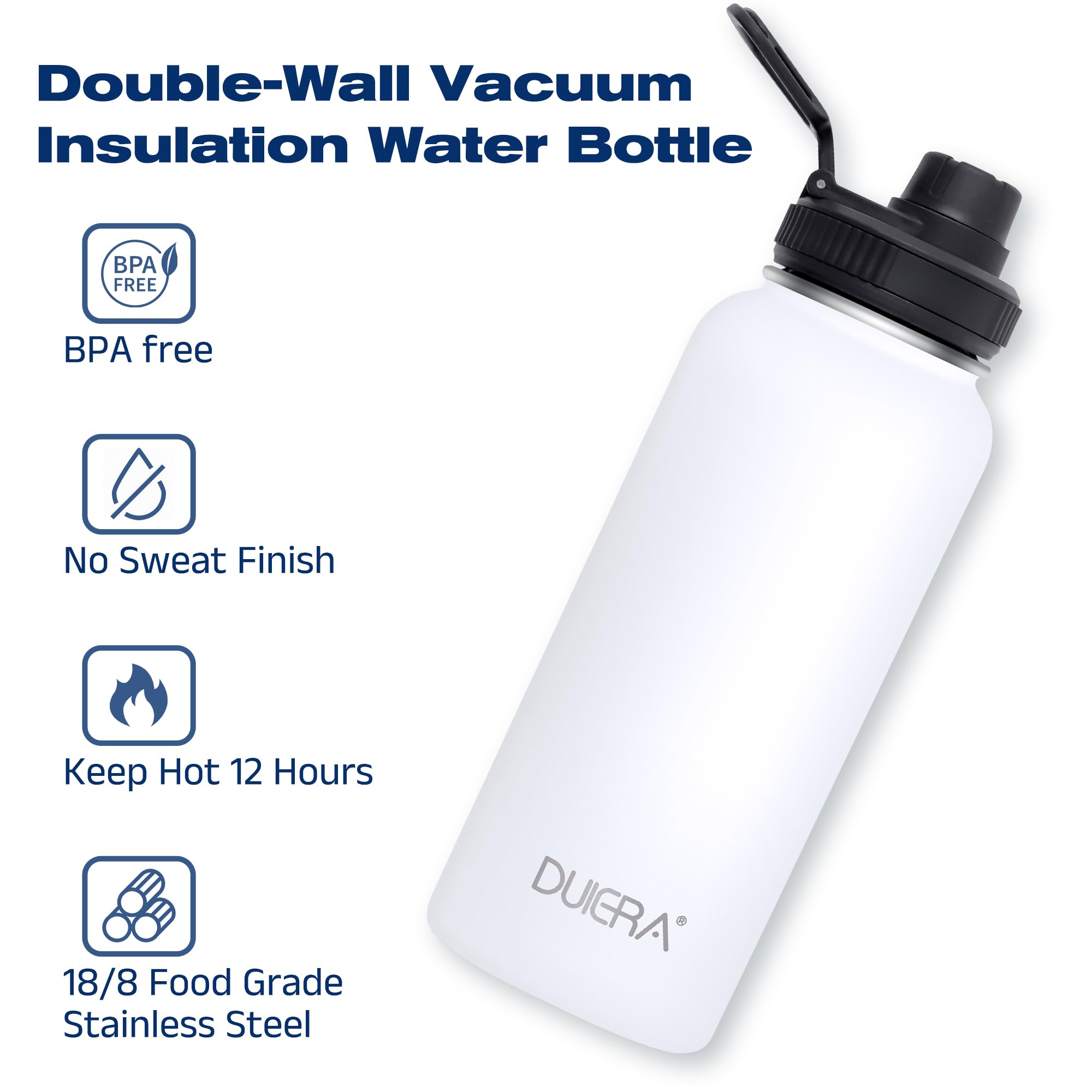 DUIERA 32oz Insulated Water Bottle Vacuum Stainless Steel Water Bottle with Straw & Leak Proof Spout Lids  BPA Free  Keep Beverage Cold or Hot - White
