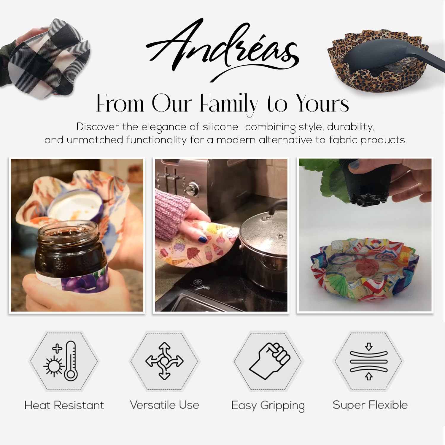 Andreas Silicone Jo-975 Non-Slip 6.25'' Jar Opener, Easy Lid Opener, Made With Silicone And Fabric, Dishwasher Safe, Garlic Peel