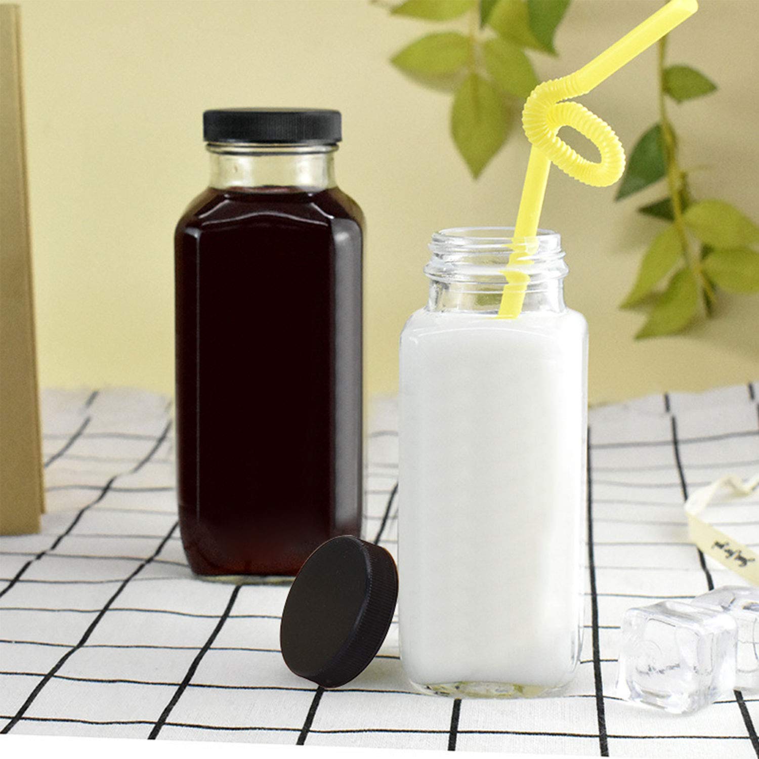 Encheng Vintage Water Bottles,Glass Drinking Bottles 16Oz,Square Beverage 500Ml With Lids For Kombucha,Tea,Glass Homemade Drinks