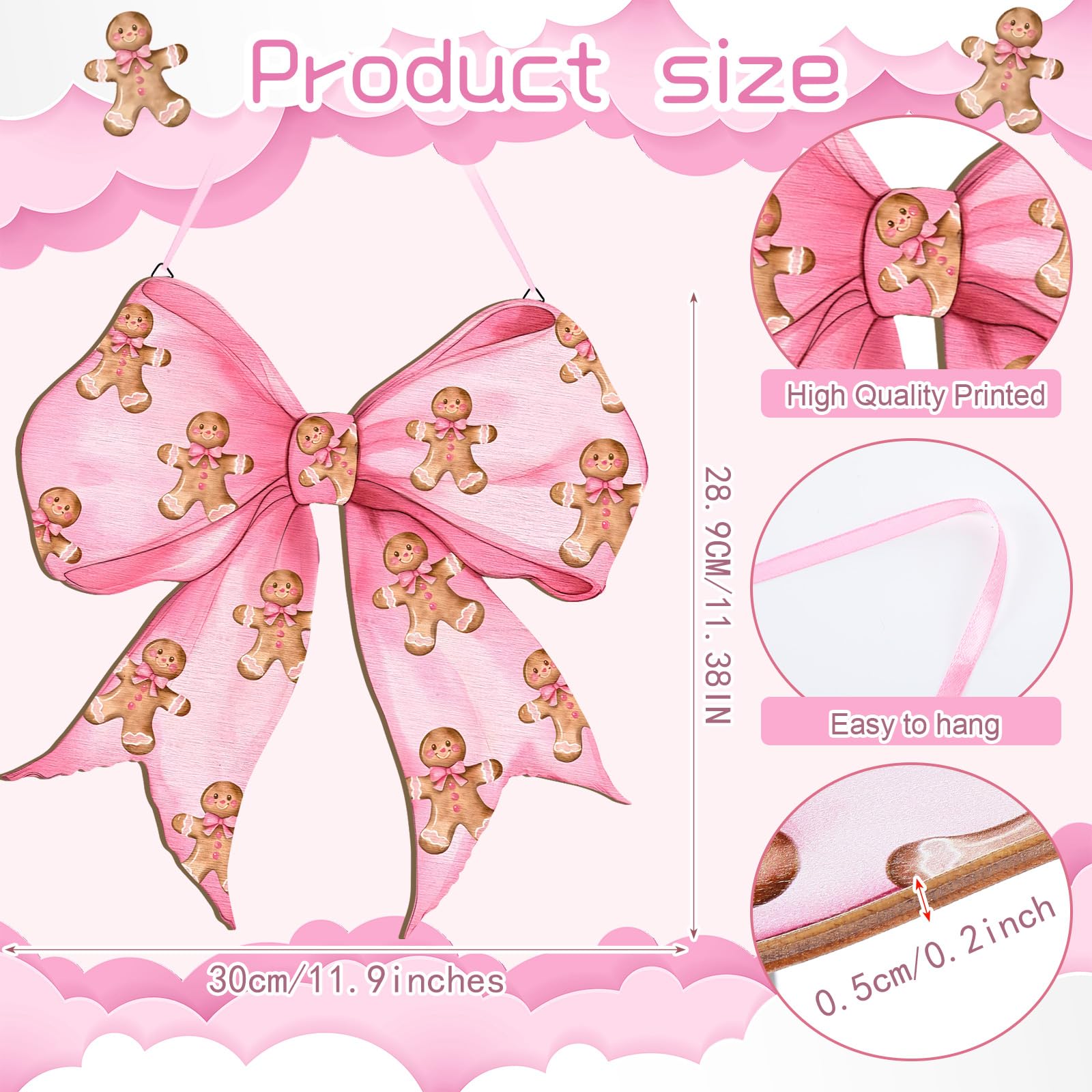 RattanView Pink Christmas Gingerbread Man Coquette Bows Wooden Hanging Sign Cute Preppy Aesthetic Wall Art Bowknot Welcome Door