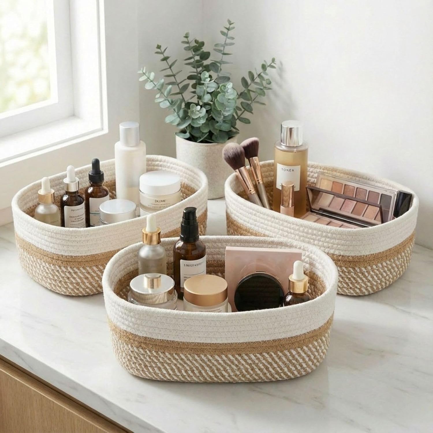 Leazzote Storage Baskets, 3 Pack Woven Natural Cotton Rope Bins For Organizing Shelves, Closet, Baby Nursery Makeup Bins Kids Pe