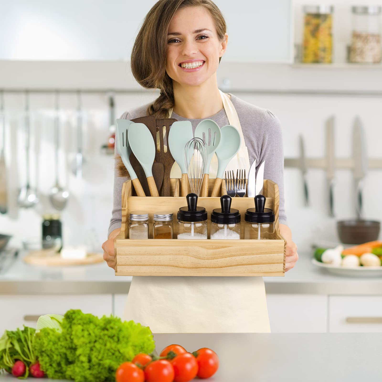 Redcall Utensil Holder,Wood Cooking Utensil Organizer,Large Farmhouse Utensil Holder For Counter Top,Rustic Spoon Spatula Holder
