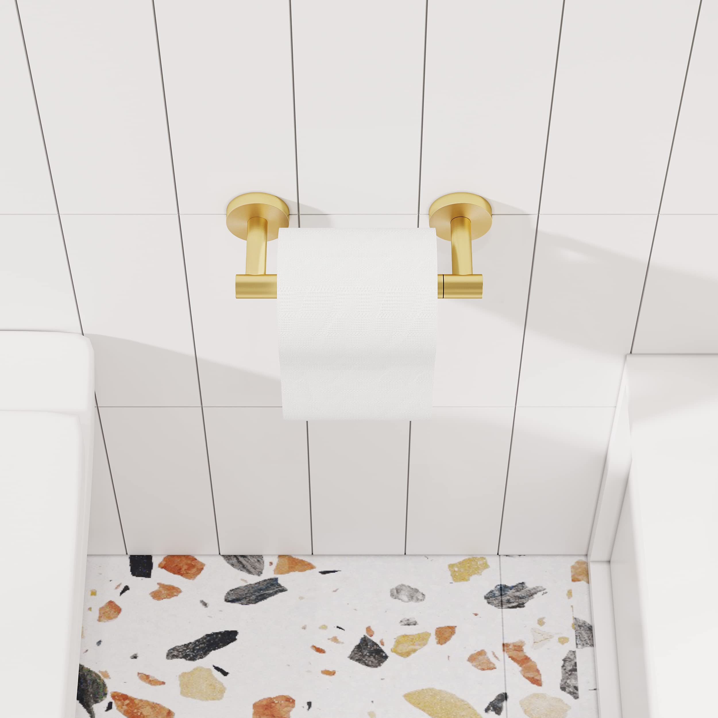 RARXTR Gold Toilet Paper Holder SUS304 Stainless Steel Double Post Pivoting Toilet Paper Roll Holder Wall Mounted Toilet Tissue Holder for Bathroom RV Brushed Brass Finish