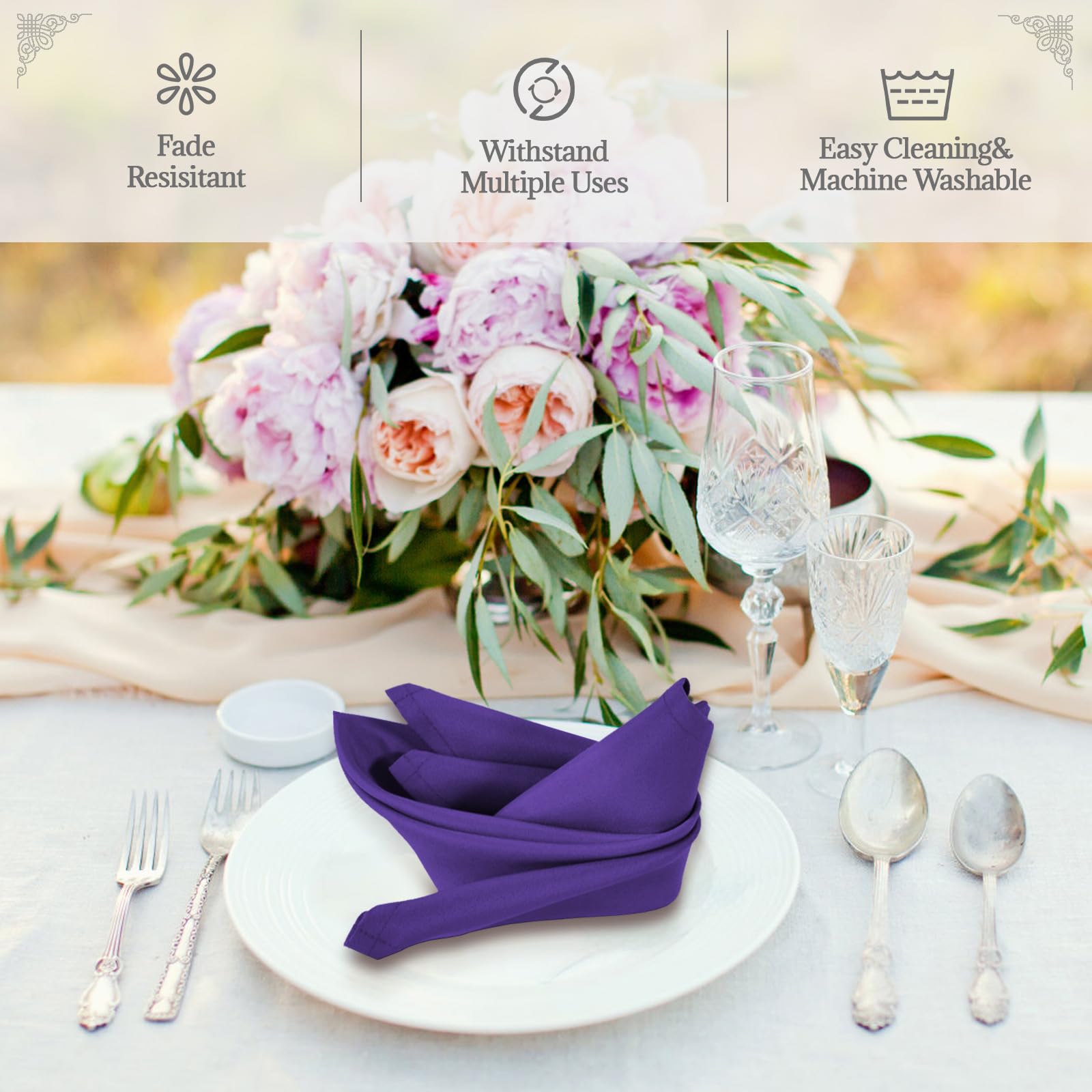 PLOYMONO Purple Heavy Duty Cloth Napkins - 17 x 17 Inch Solid Washable Polyester Dinner Napkins - Set of 8 Napkins with Hemmed Edges - Great for Weddings  Parties  Banquets Dinner & More