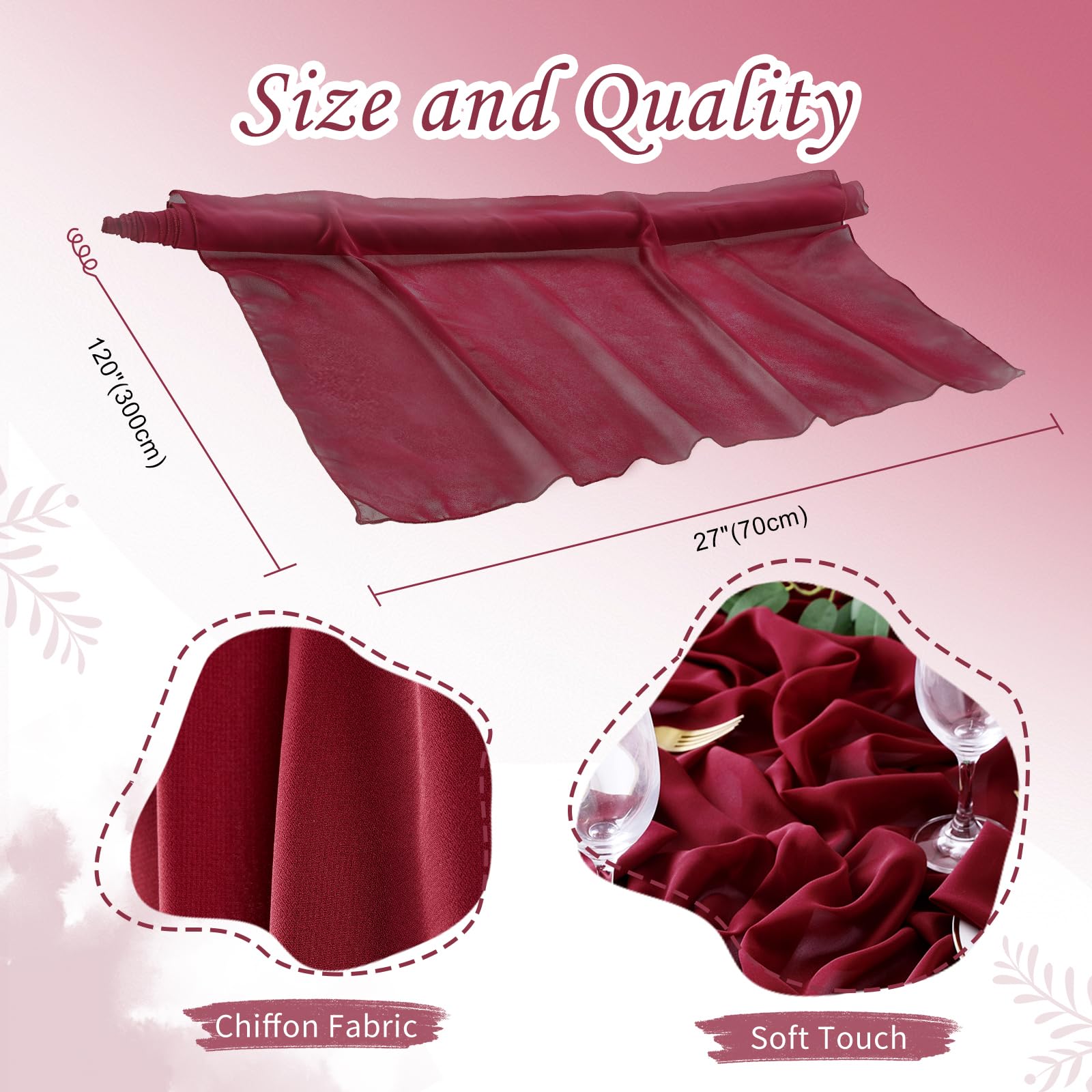 5 Pieces 10Ft Wedding Table Runner Burgundy Chiffon Table Runners Sheer Wedding Arch Overlay Fabric for Birthday Bridal Party Decorations