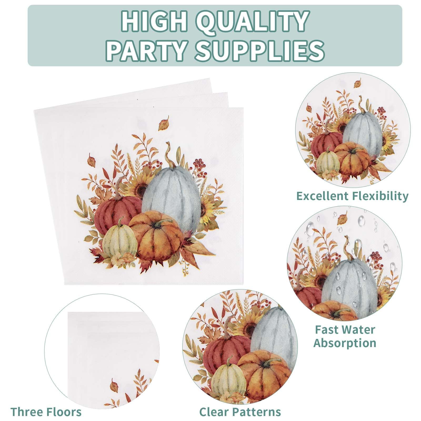 Grencian 200pcs Fall Paper Plates and Napkins Party Supplies Autumn Pumpkin Party Tableware Set Disposable Plates 350GSM Thanksg