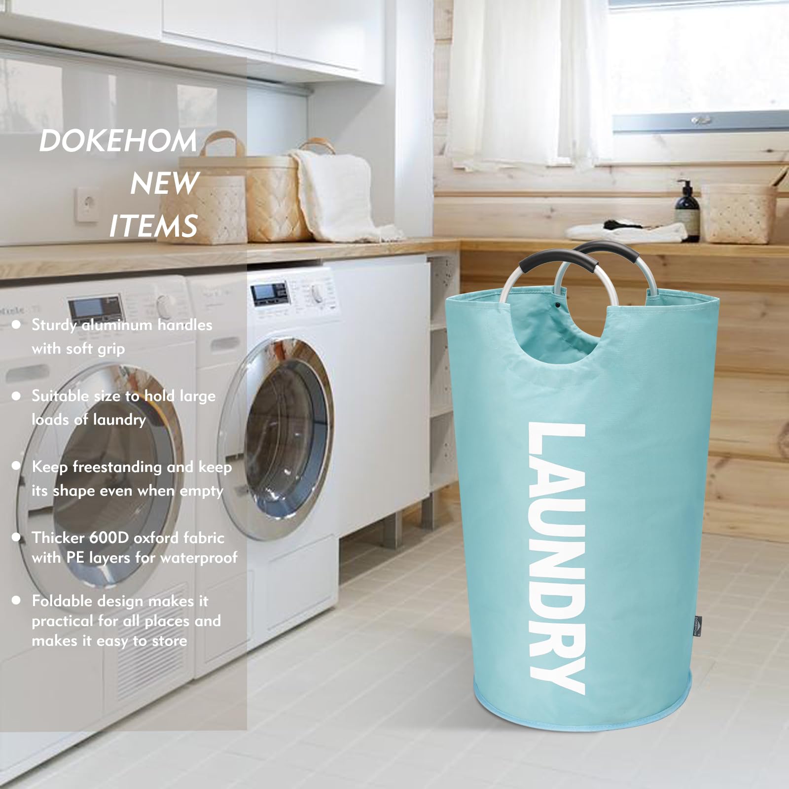 DOKEHOM 90L Large Laundry Basket  collapsible Laundry Bag  Freestanding Tall clothes Hamper  Foldable Washing Bin (Light Blue)