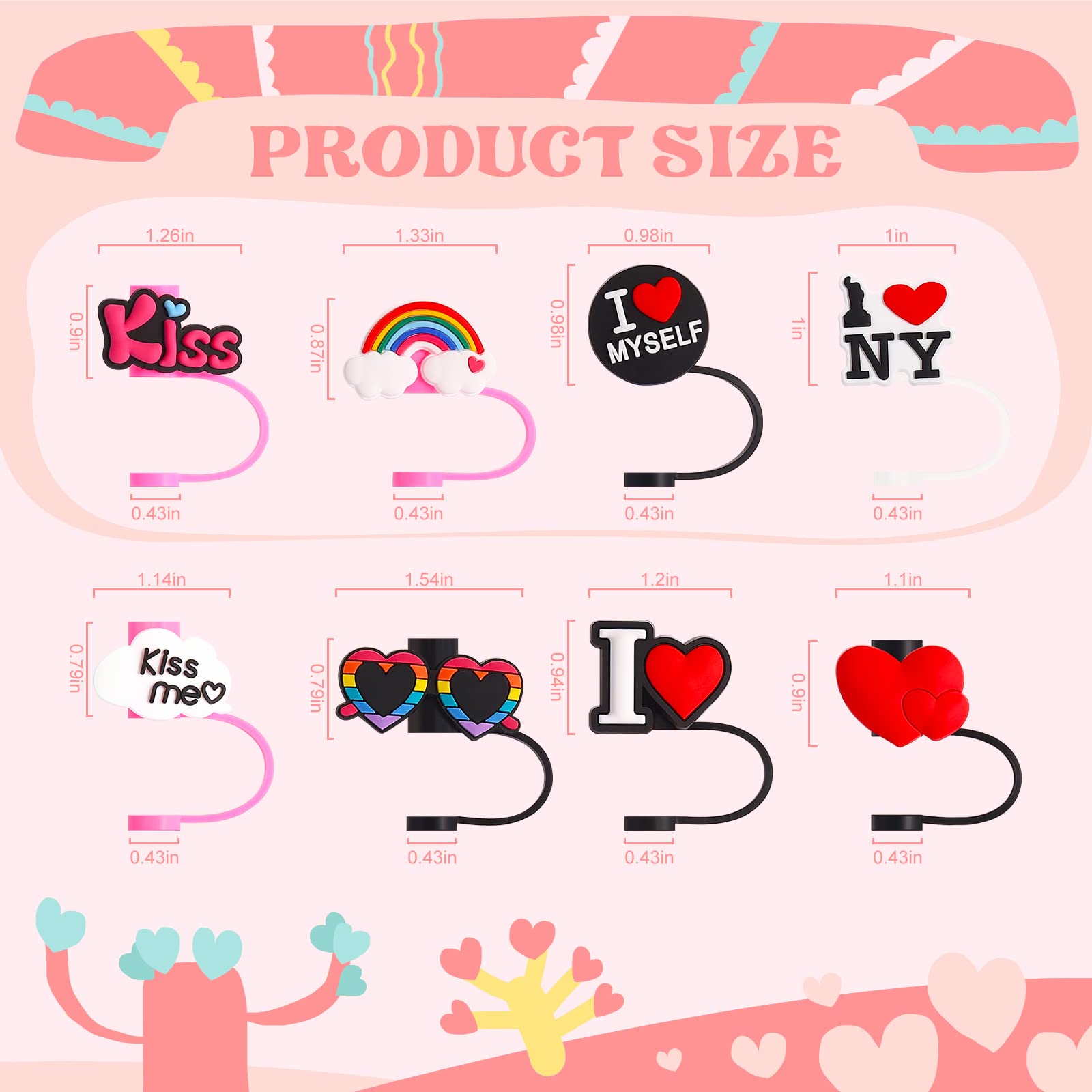 8Pcs Heart Straw Covers Reusable Kiss Straw Toppers Dust-Proof Rainbow Straw Tips Plugs For Mothers Day Wedding Party Moms Birth
