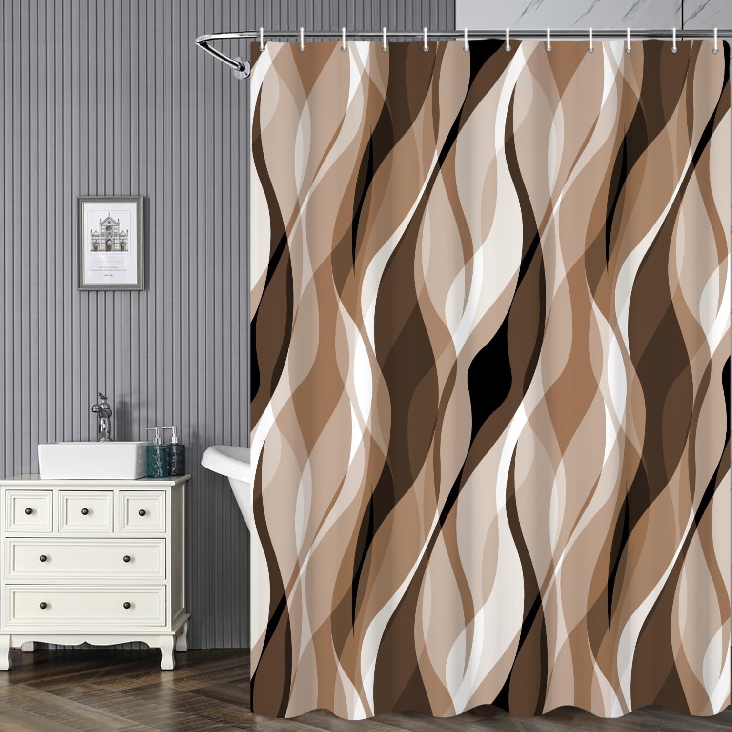 Ruelvth Brown Shower Curtain, Modern Abstract Grey And Brown Striped Shower Curtain Set For Bathroom Waterproof Tan Shower Curta