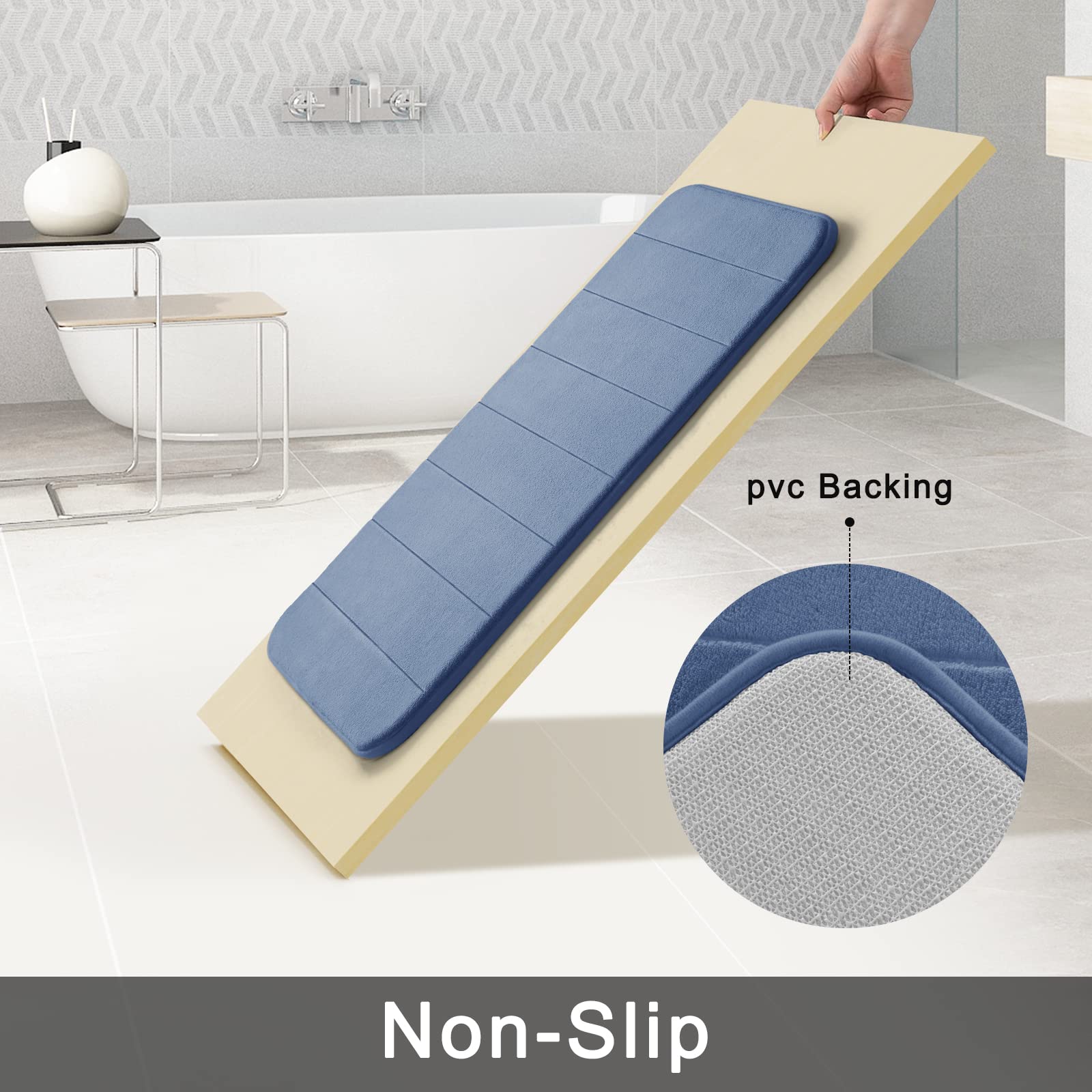 Yimobra Memory Foam Bath Mat Set  2 Piece Soft Bathroom Rugs 17x24 and 24x20.4 U-Shaped Bathroom Rugs  Toilet Mat  Water Absorption  Non Slip  Thick  Dry Fast for Bathroom Floor Mat  Denim Blue