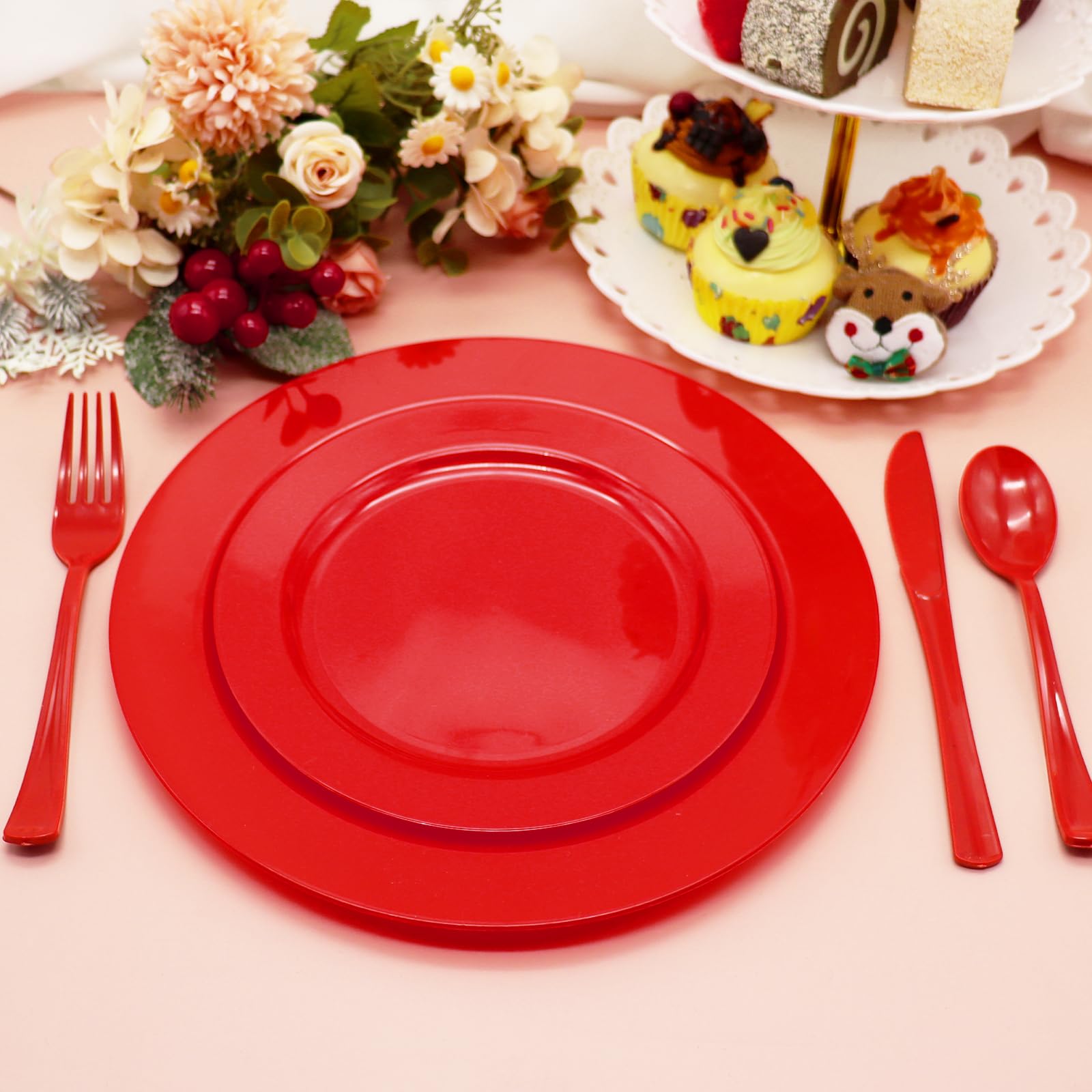 Joy Akkess 50Pcs Red Plastic Plates Disposable Plates Heavy Duty 25 Red Dinner Plates 10.25   , 25 Red Dessert Plates 7.5   , Re