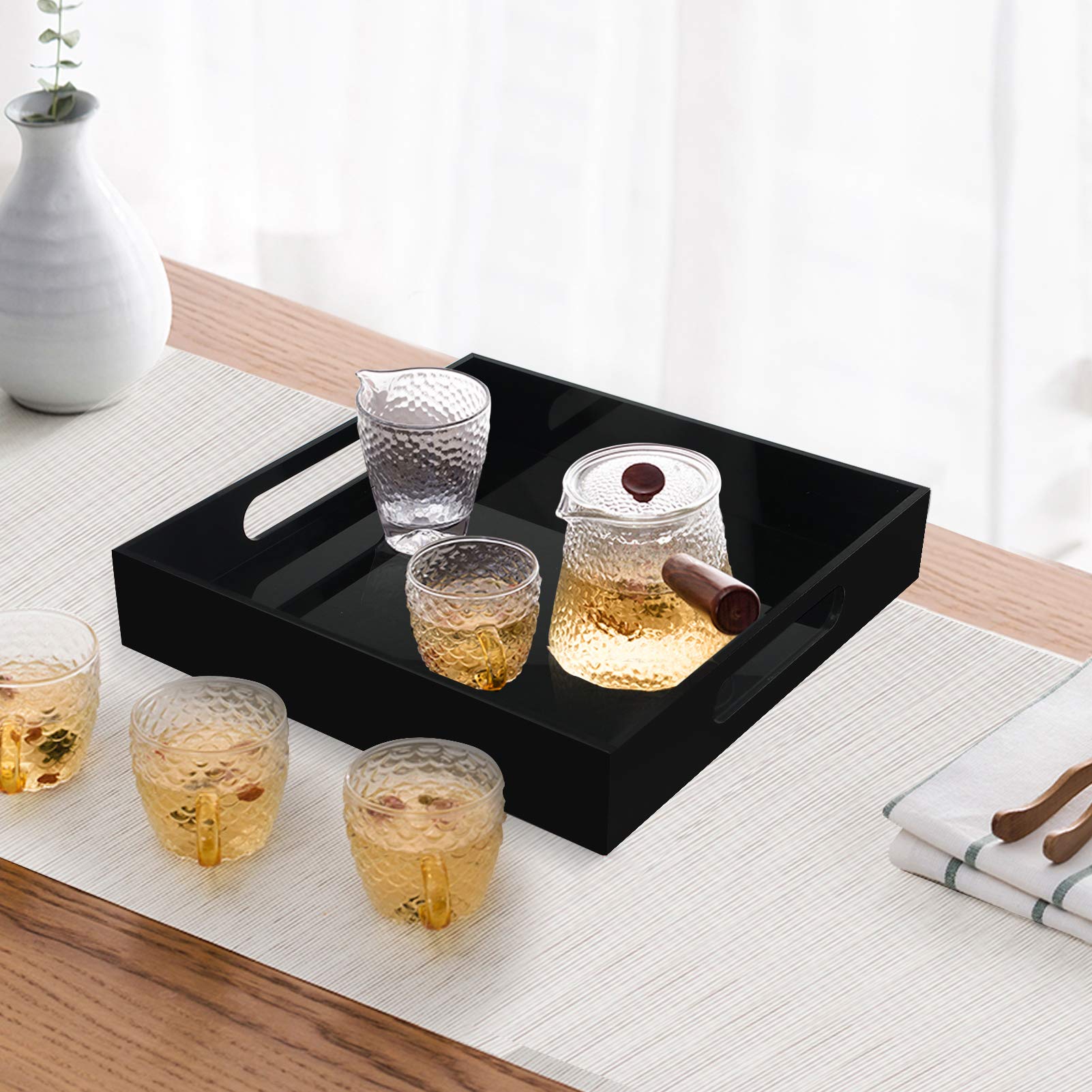 Tasybox Acrylic Serving Tray, Black Decorative Serving Trays With Handles For Kitchen Dining Room Table Ottoman Vanity Counterto