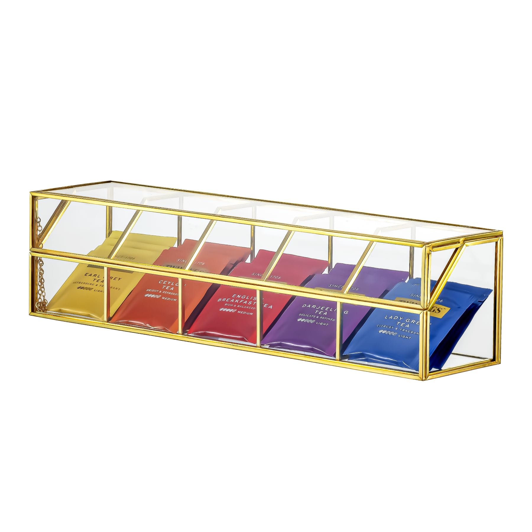 NCYP Glass Tea Bags Organizer with 5 Grids Compartments, Indoor Counter Top Brass Display Case with Lid, Storage Box, Gold, Deco