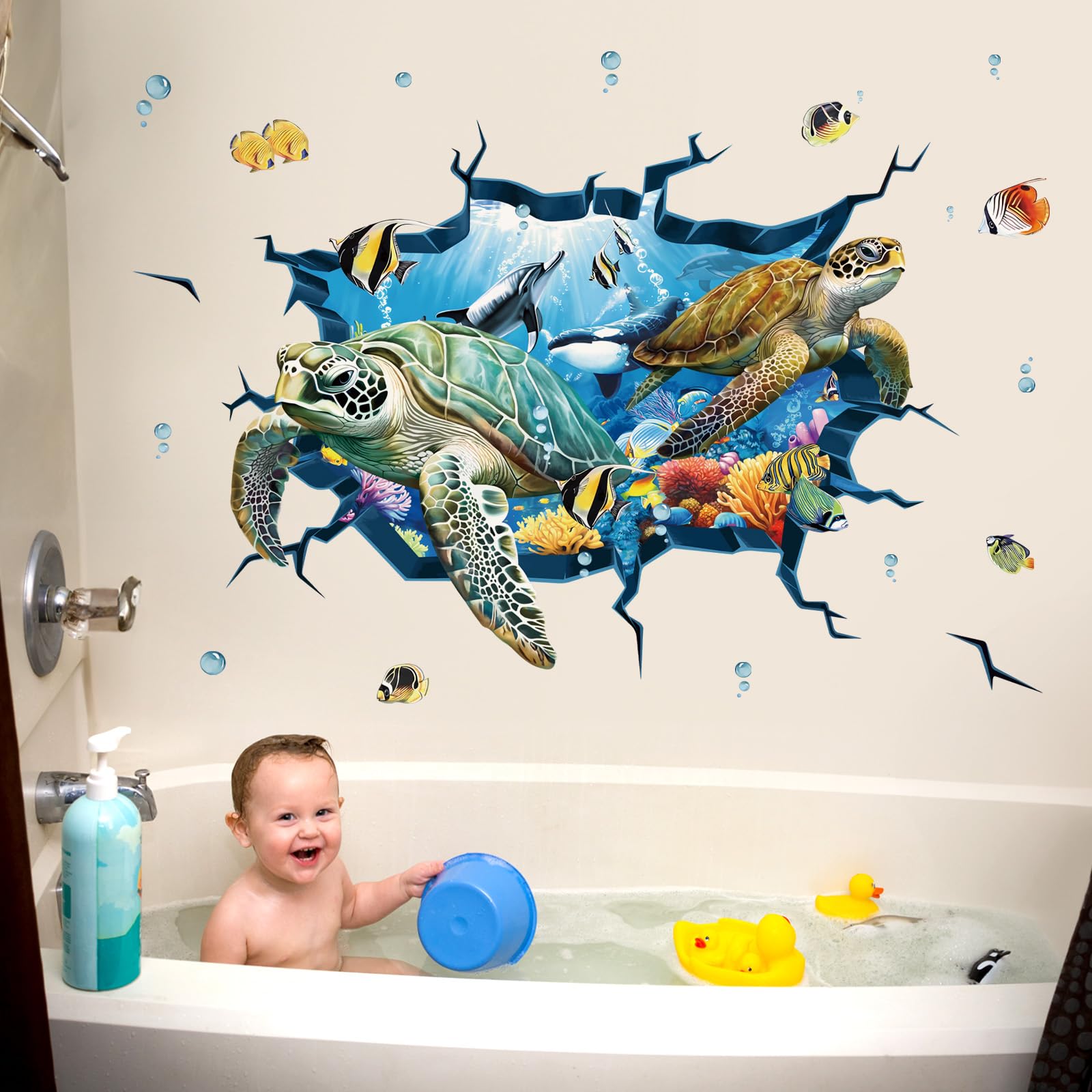 Decalmile 3D Under The Sea Turtle Wall Decals Underwater Ocean Fish Broken Wall Stickers Kids Bedroom Living Room Bathroom Wall