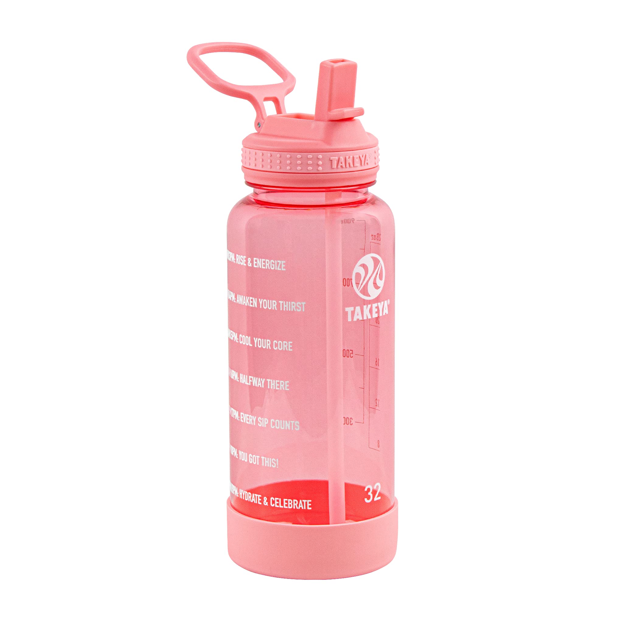 Takeya 32 Oz Motivational Water Bottle With Straw Lid With Time Marker, Premium Quality Bpa Free Tritan Plastic, Flutter Pink