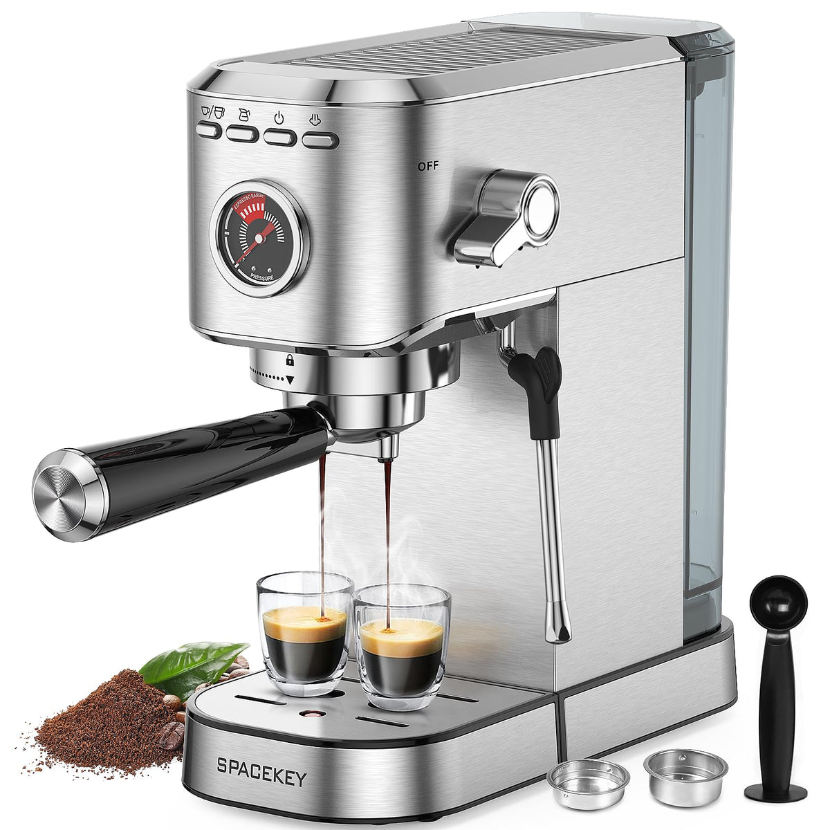 Spacekey Espresso Machine 20 Bar, Professional 1350W Espresso Maker With Milk Frother, Compact Stainless Steel Cappuccino & Latt
