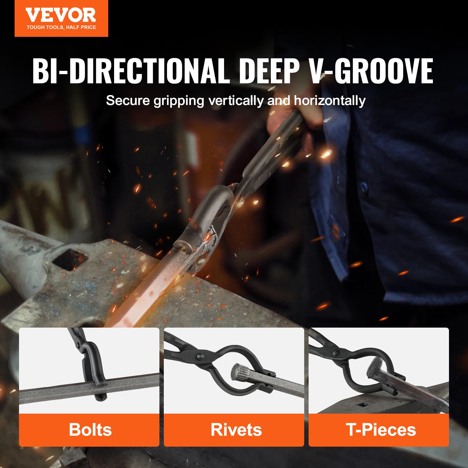 Vevor Blacksmith Tongs, 18    V-Bit Bolt Tongs, Carbon Steel Forge Tongs With A3 Steel Rivets, For Long, Irregular, And Nail-Sha