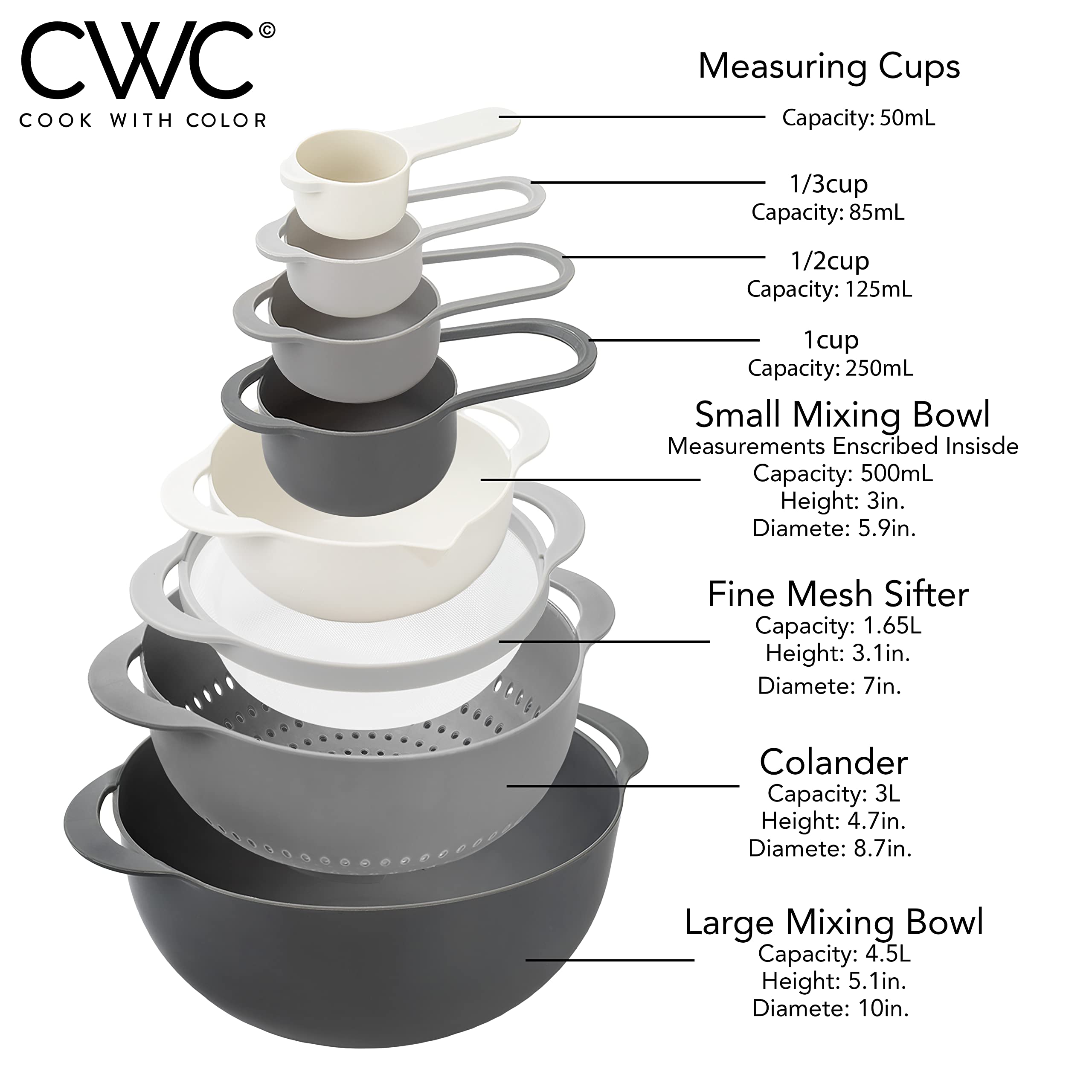 Cook With Color 8 Piece Nesting Bowls With Measuring Cups Colander And Sifter Set - Includes 2 Mixing Bowls, 1 Colander, 1 Sifte