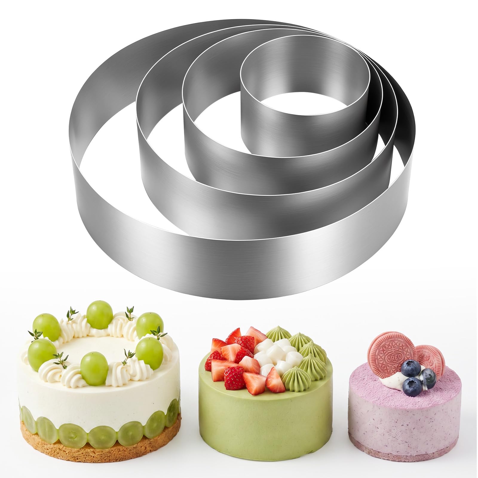 Kuyeyzu 4 Pcs Cake Molds for Baking, Stainless Steel Mousse Cake Rings Round for Bakeware Tools, 4/6/8/10 Inch (2.36 Inch H) for