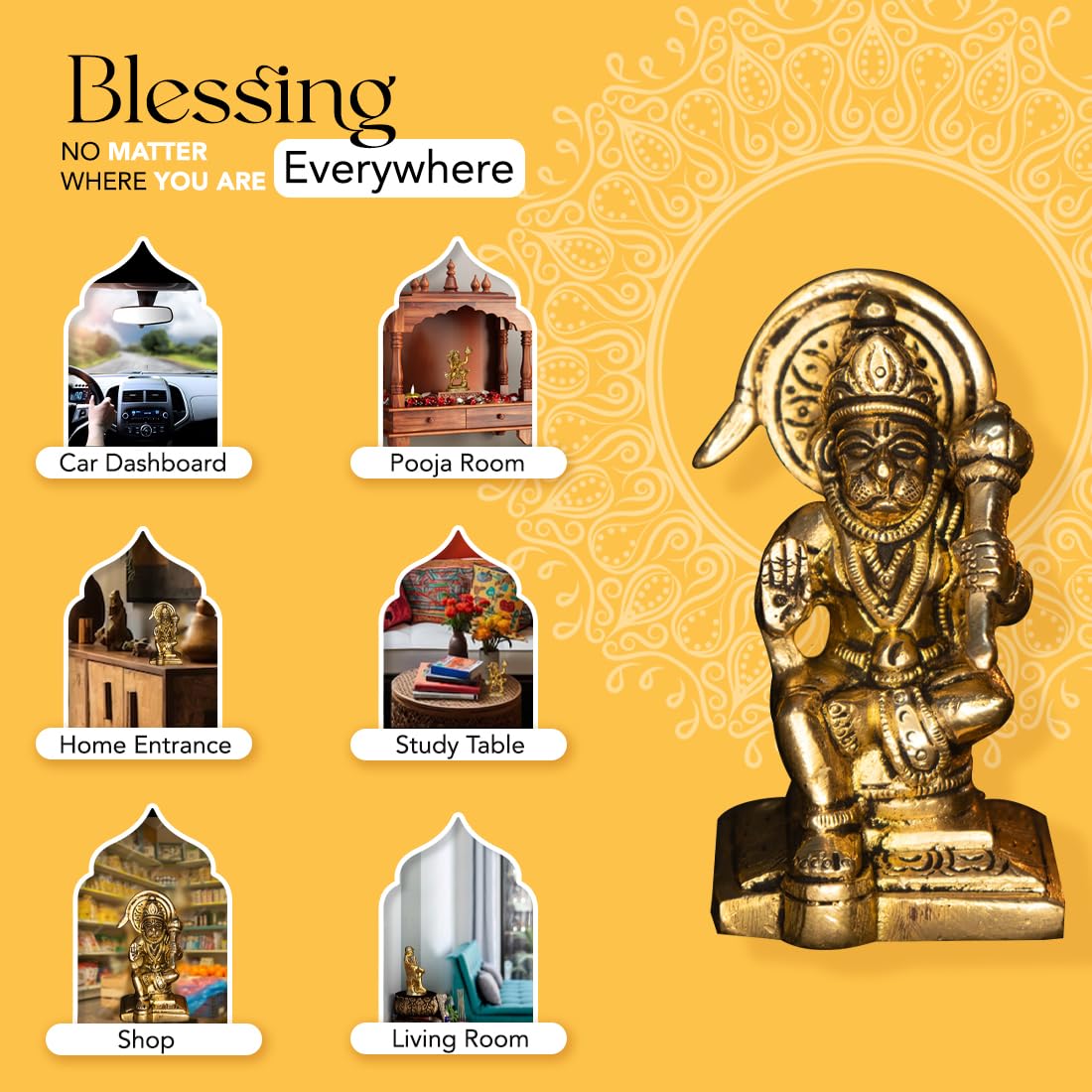 Ekhasa 100% Pure Brass Hanuman Ji Murti (Size: 8.4 cm) | Lord Hanuman Idol for Home Puja, Office Desk and Car Dashboard | Balaji