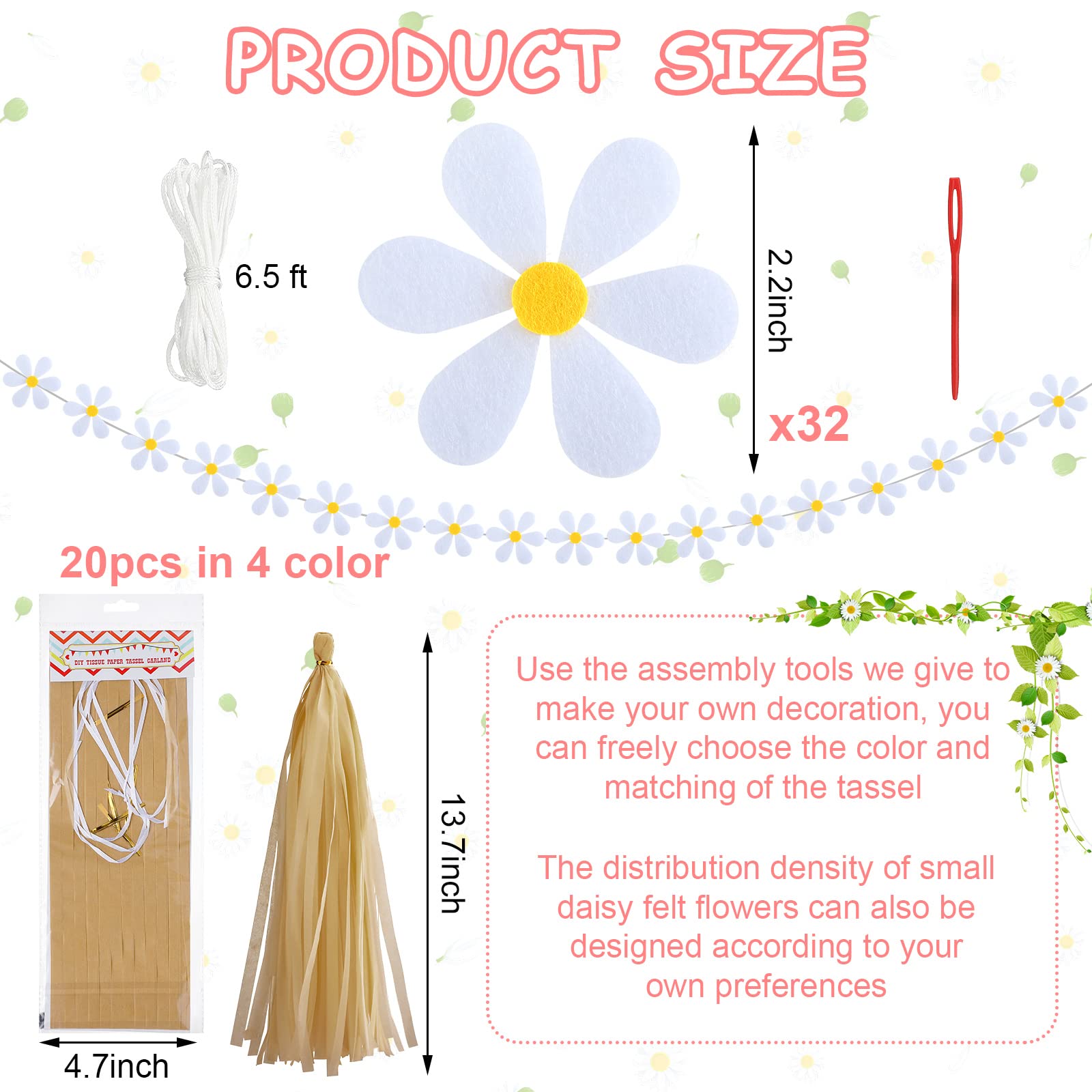 Tudomro 2 Pcs Daisy Groovy Boho Garland With 20 Pcs Paper Tassels, Groovy Party Decorations Hippie Daisy Felt Banner Artificial