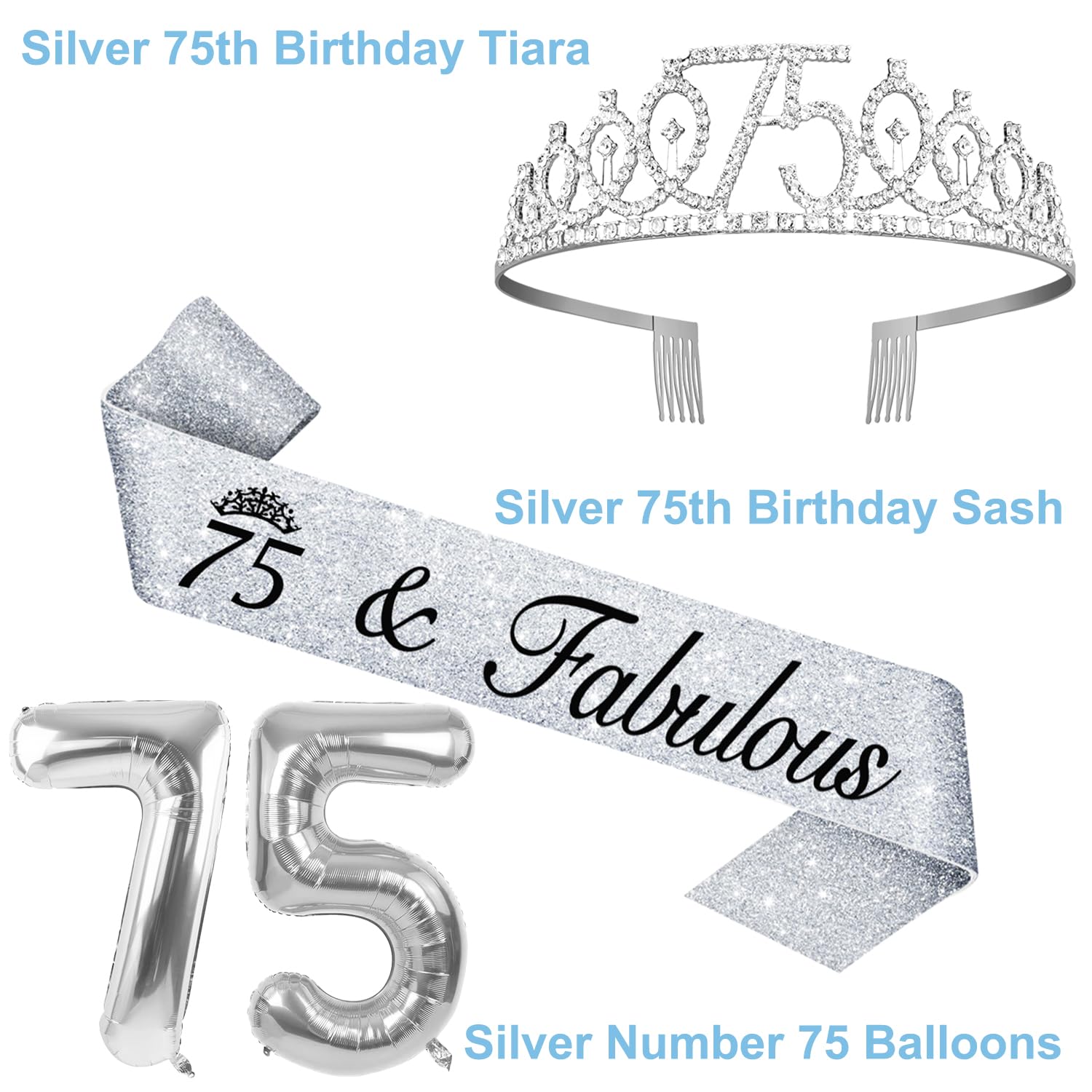 75th Birthday Decorations for Women Silver with 75th Birthday Sash and Tiara, Cake Topper and Candles, Silver Number Balloons, 7