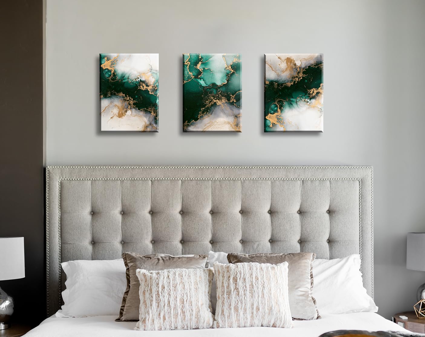 JiazuGo Emerald Green Bathroom Decor Modern Abstract Canvas Wall Art Bedroom Living Room Wall Decor Green and Gold Fluid Abstract Marble Texture Painting Pictures Home Decorations 12'' X 16'' X 3 Pieces