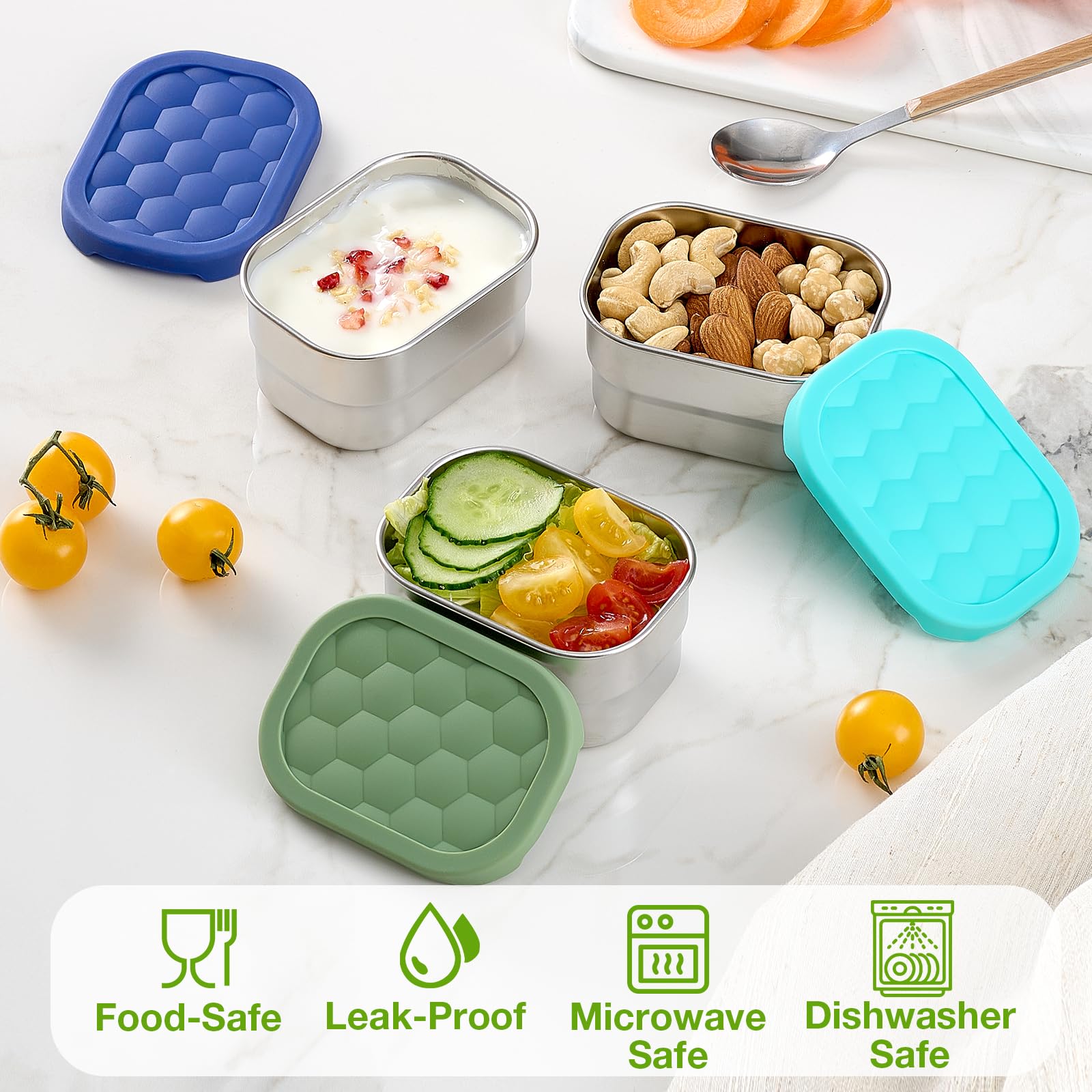 Gencywe 3 Pack Stainless Steel Snack Containers For Kids, 8 Oz Easy Open Leak Proof Small Toddler Snack Containers With Silicone