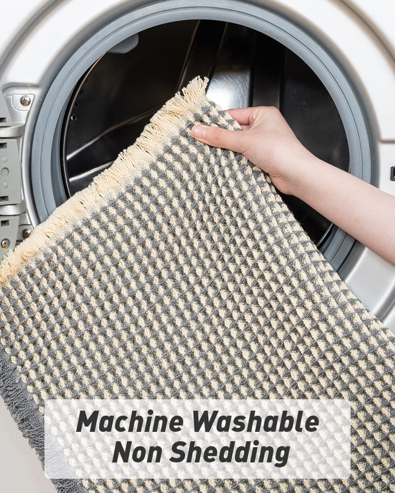 Upgraded Waffle Runner Rug Super Absorbent Non Slip Bath Mats For Bathroom Washable Bathroom Runner Rug With Tassels, Ideal For
