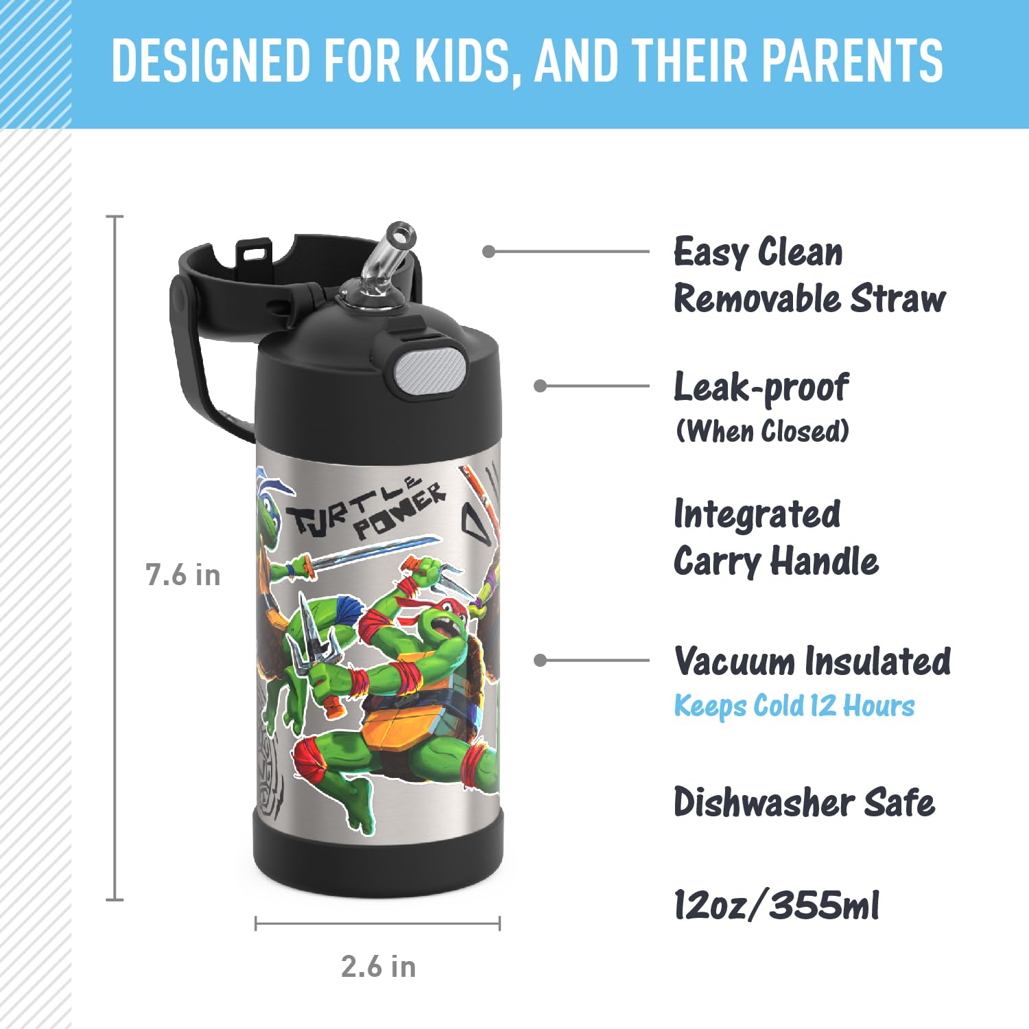 Thermos Funtainer Water Bottle With Straw - 12 Ounce, Teenage Mutant Ninja Turtles - Kids Stainless Steel Vacuum Insulated Water